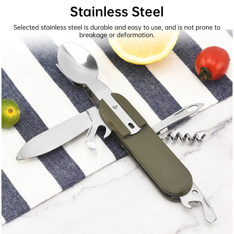 7-in-1 multifunctional stainless steel foldable outdoor camp tableware: fork, spoon, knife. Survival tools for picnic, camping. - Image 7