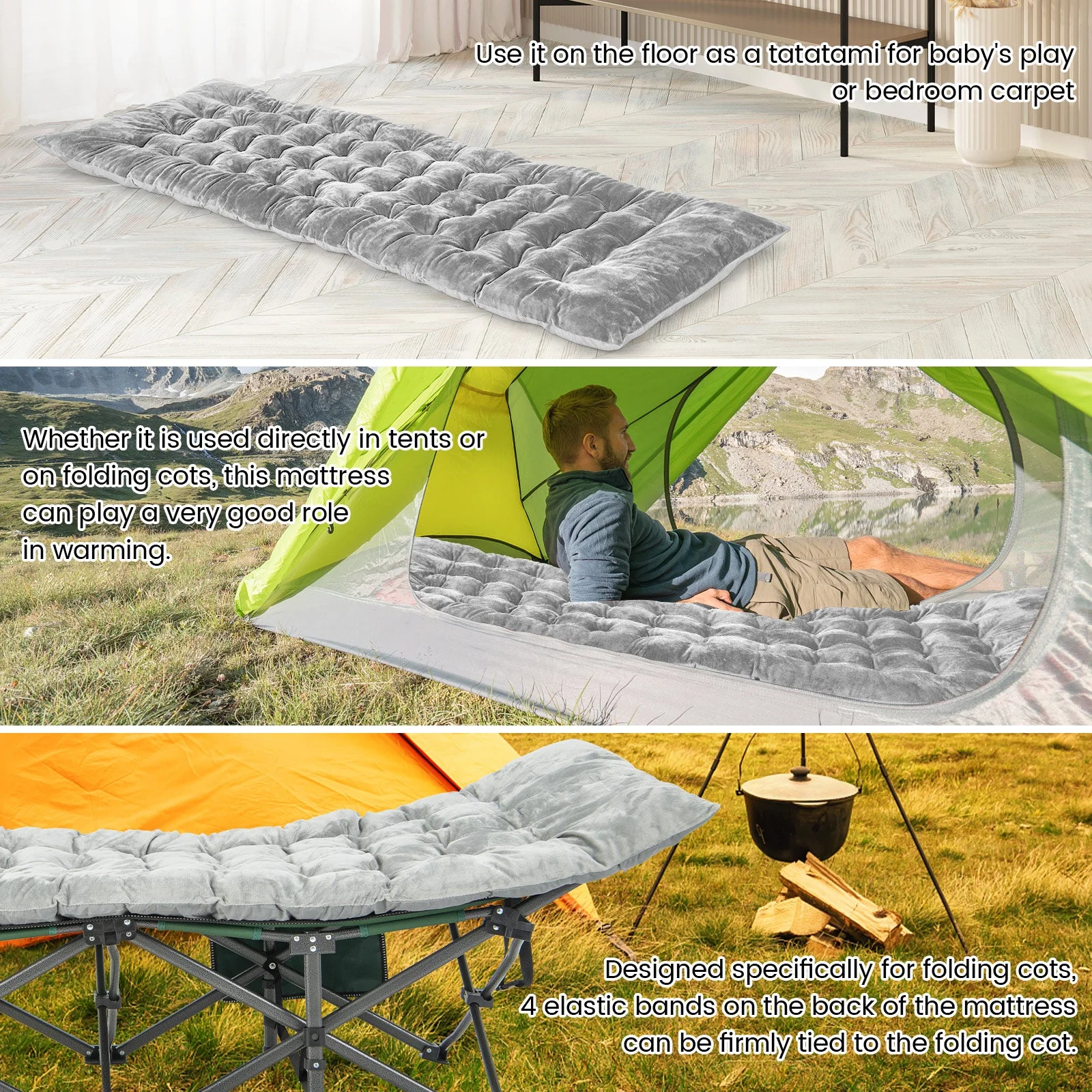 75 x 27.5 Inch Camping Cot Pads with Soft and Breathable Crystal Velvet - Image 4