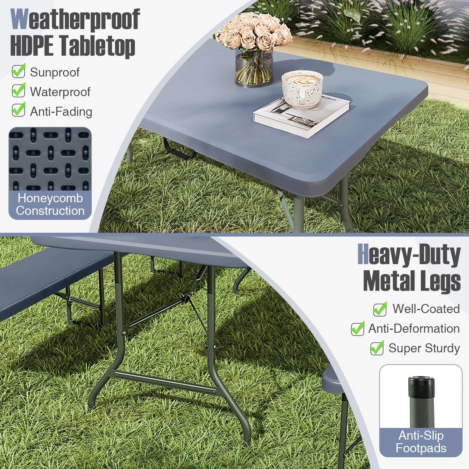 8 ft Portable Folding Table 350 LBS Fold-in-Half Table with HDPE Tabletop - Image 15