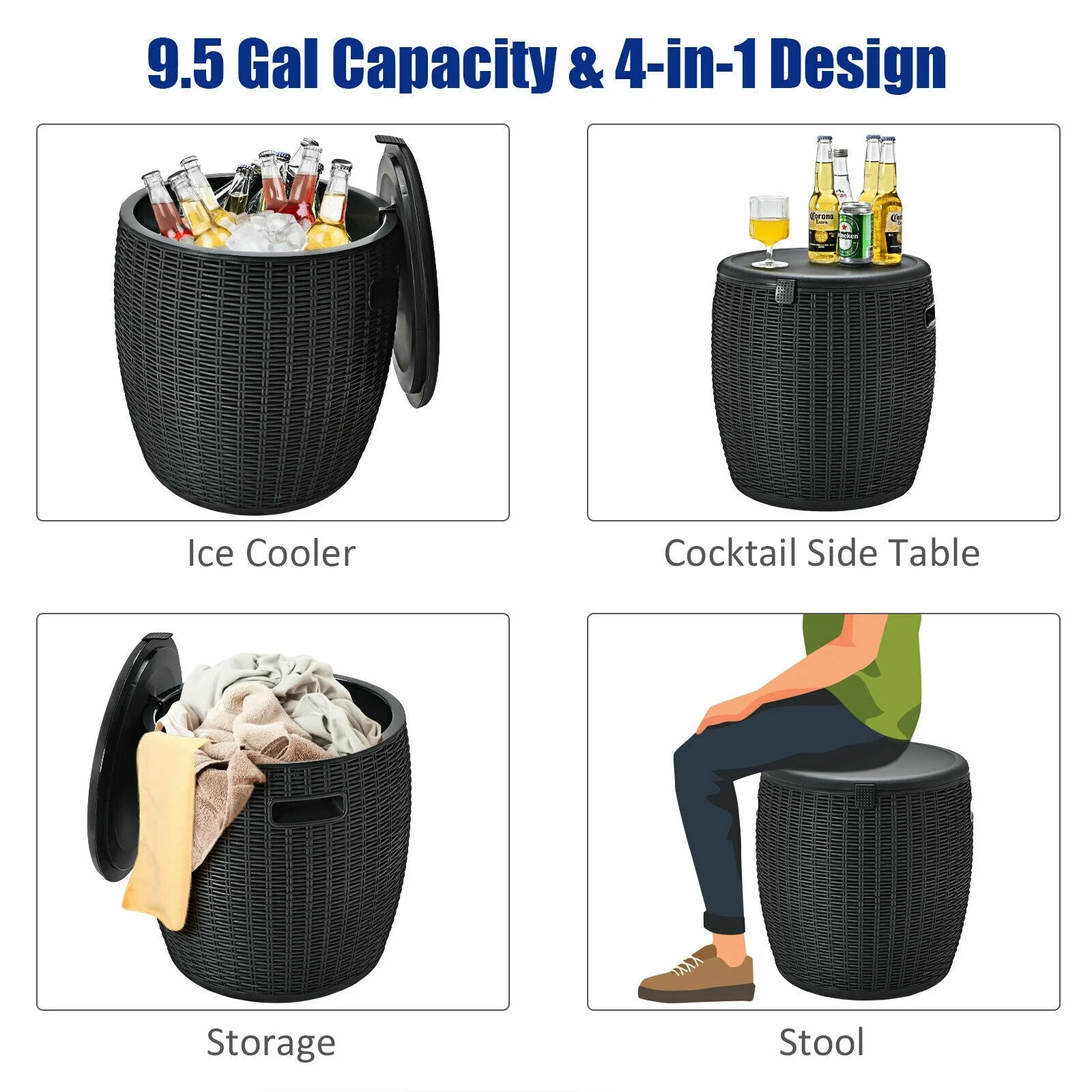 9.5 Gallon 4-in-1 Patio Rattan Cool Bar Cocktail Table Side Table - Image 8