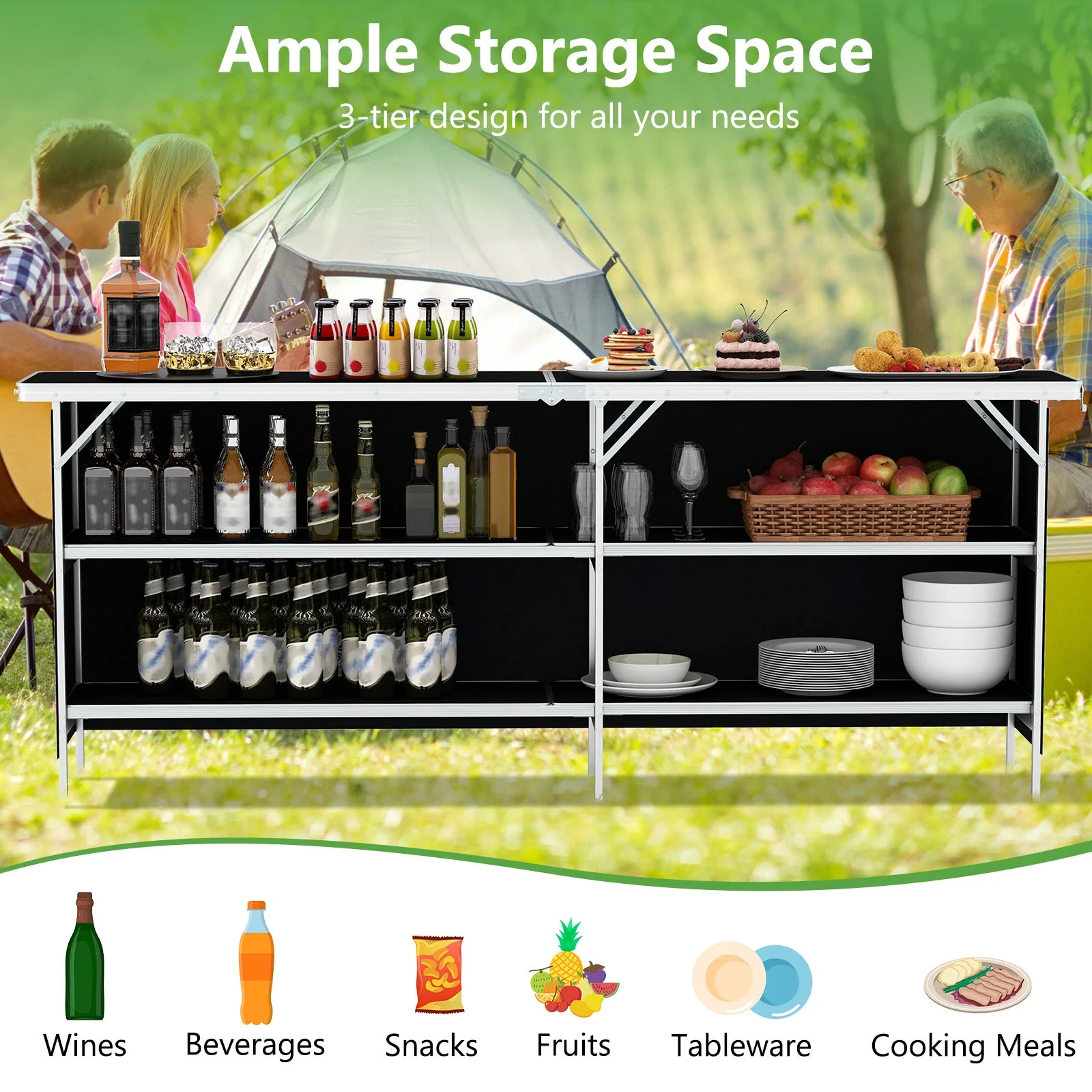 Aluminum Portable Picnic Table with 2-Tier Open Shelves and Spacious Tabletop - Image 14