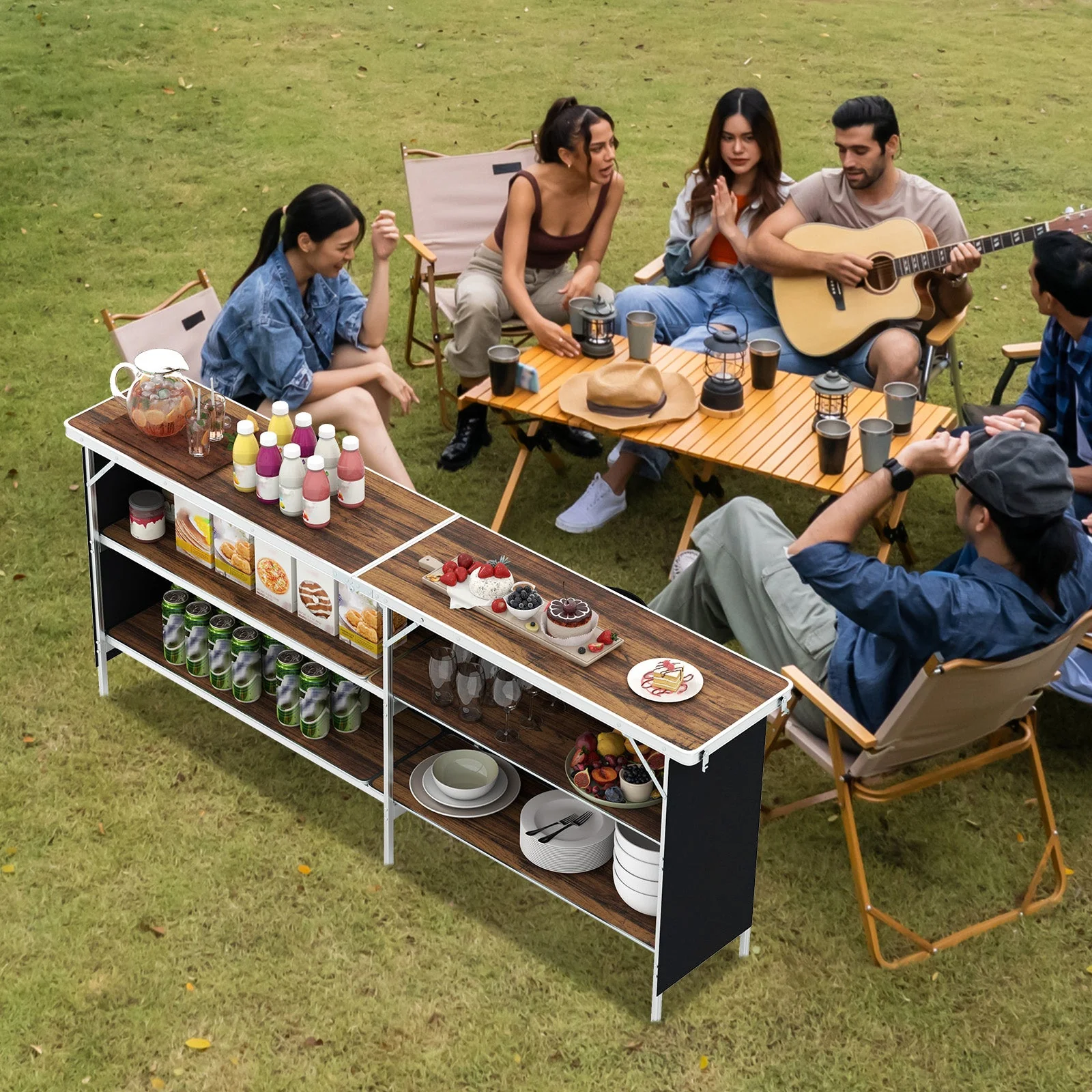 Aluminum Portable Picnic Table with 2-Tier Open Shelves and Spacious Tabletop - Image 2