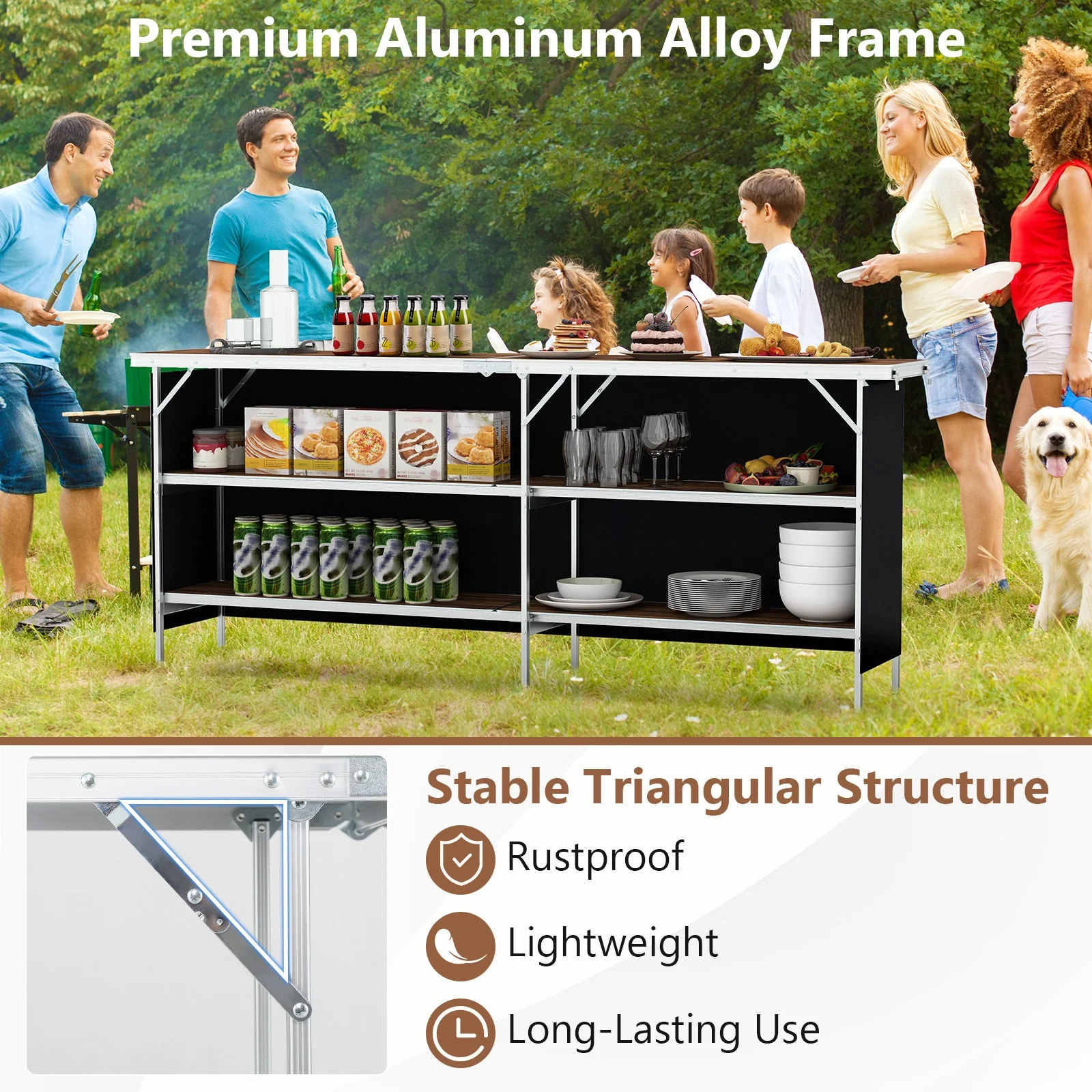 Aluminum Portable Picnic Table with 2-Tier Open Shelves and Spacious Tabletop - Image 8