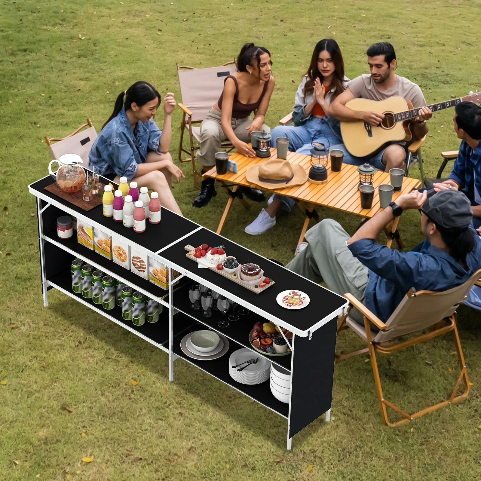Aluminum Portable Picnic Table with 2-Tier Open Shelves and Spacious Tabletop - Image 9