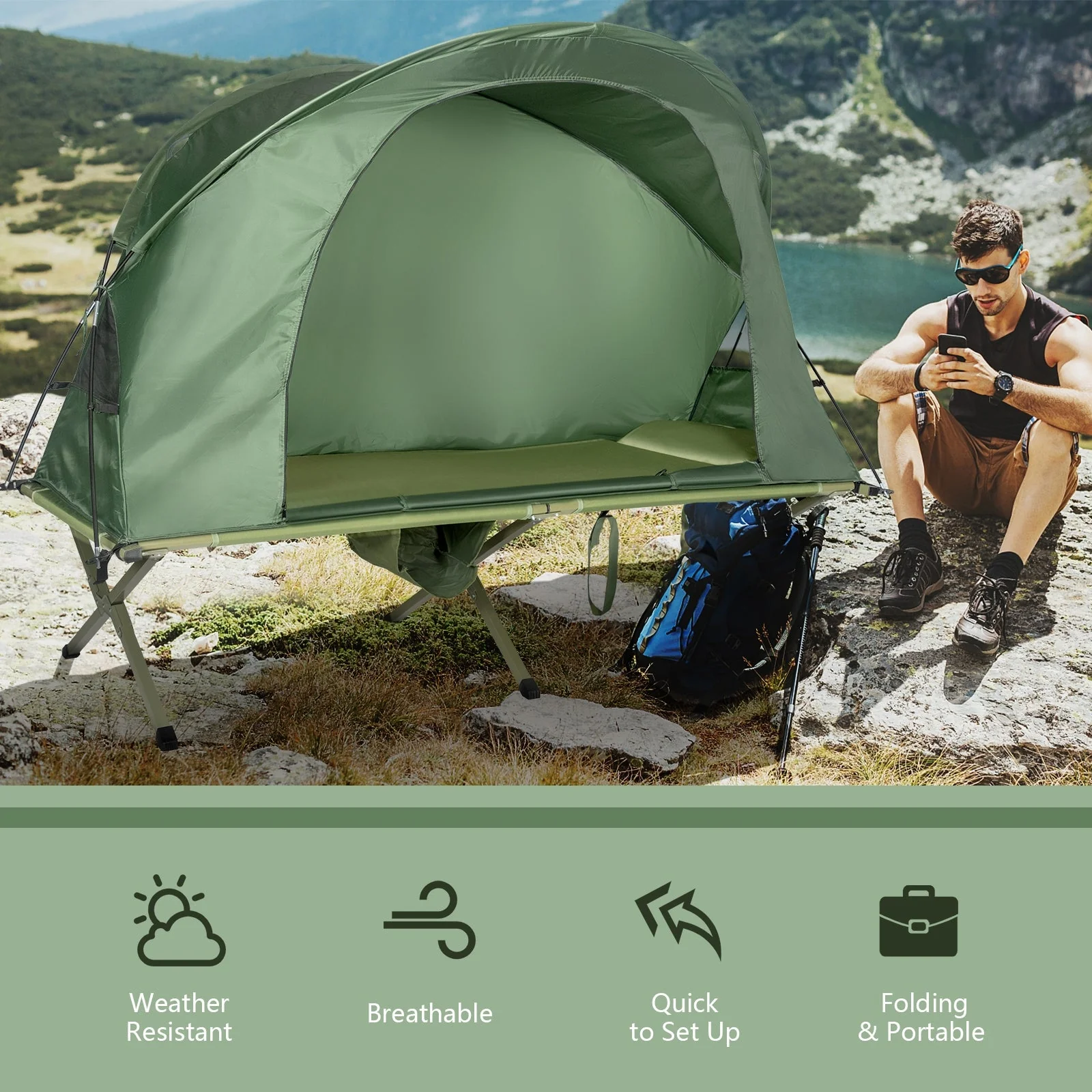 Cot Elevated Compact Tent Set with External Cover-Green - Image 5