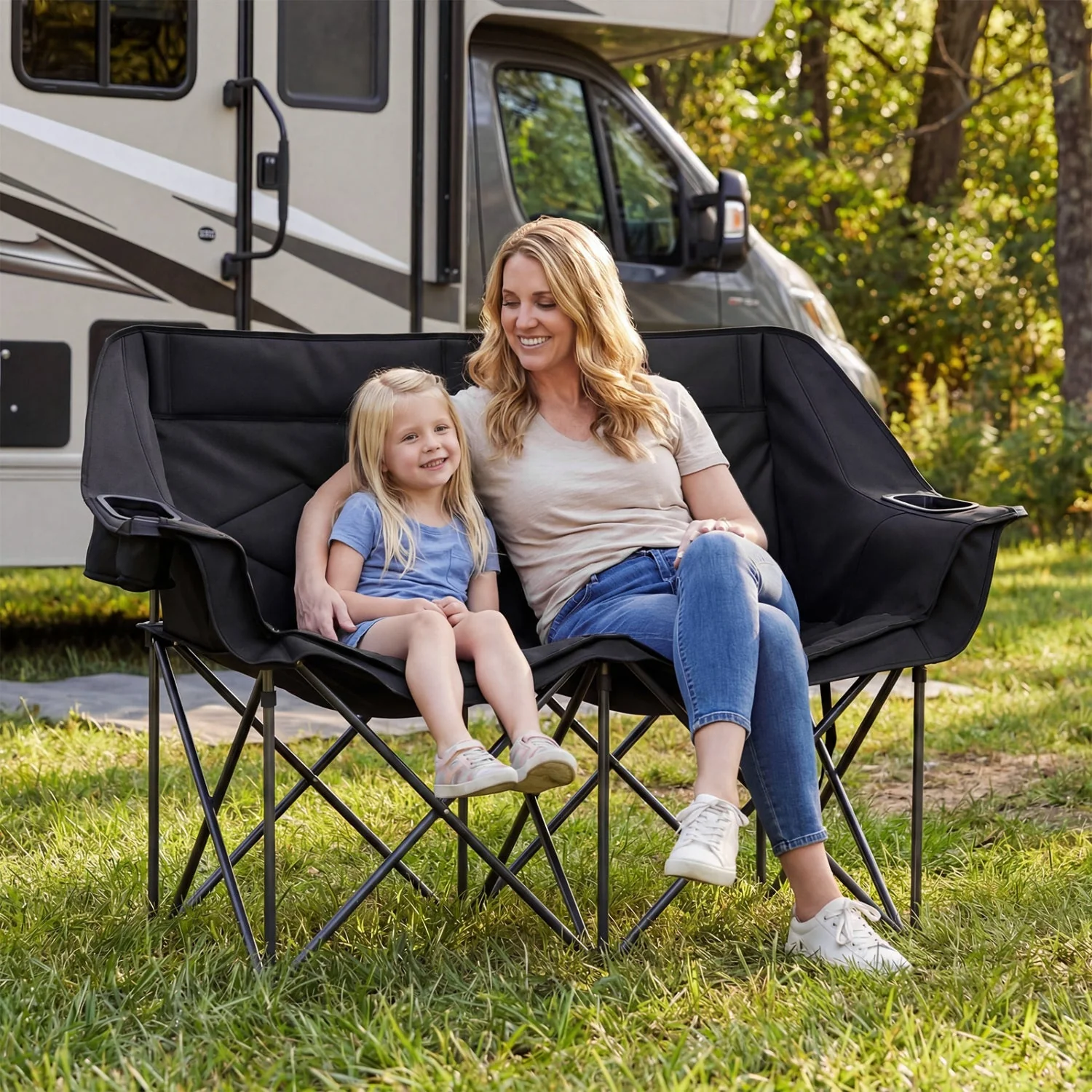 Double Camping Chair with Cup Holders Glass Racks and Mesh Pockets