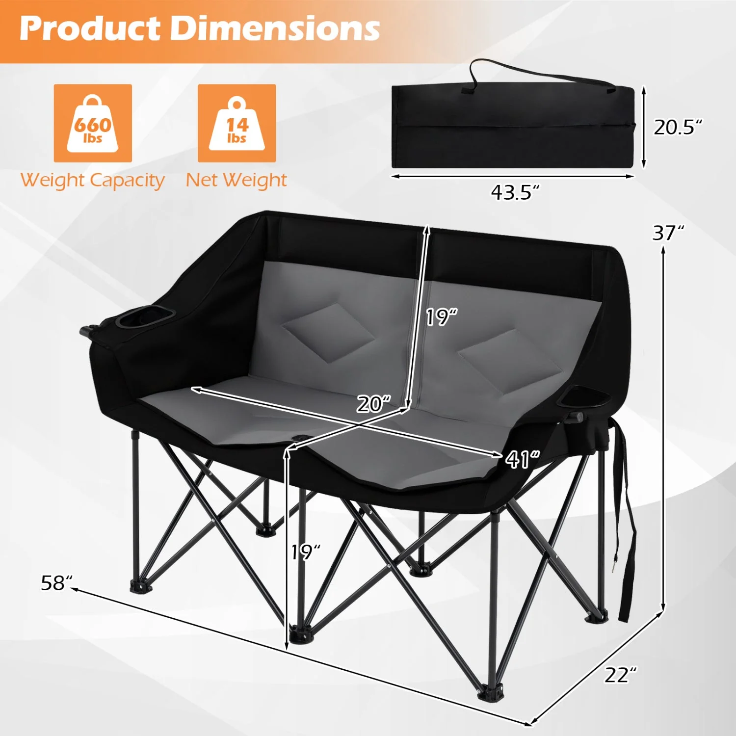Double Camping Chair with Cup Holders Glass Racks and Mesh Pockets - Image 12