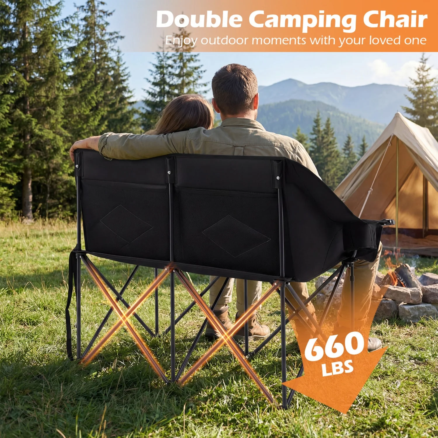 Double Camping Chair with Cup Holders Glass Racks and Mesh Pockets - Image 15