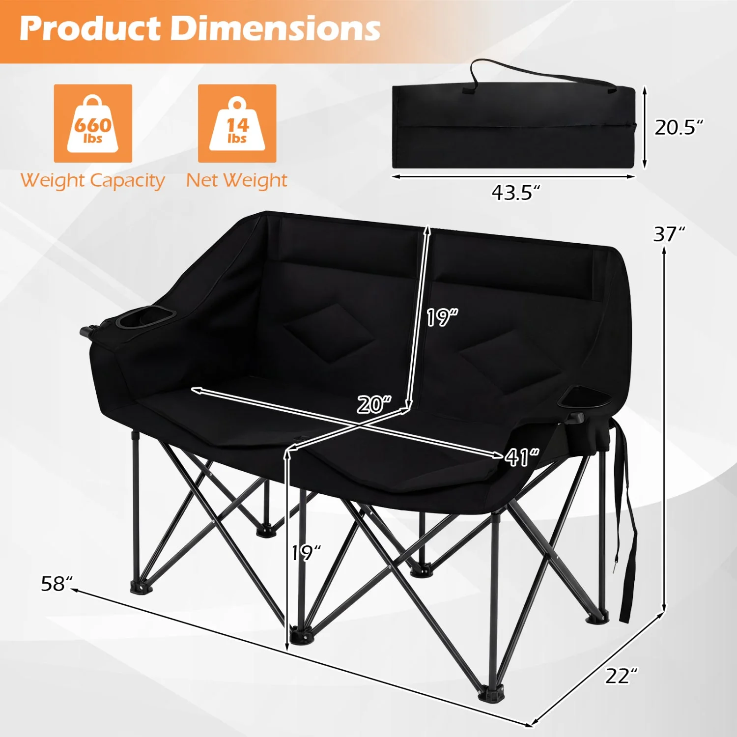 Double Camping Chair with Cup Holders Glass Racks and Mesh Pockets - Image 4