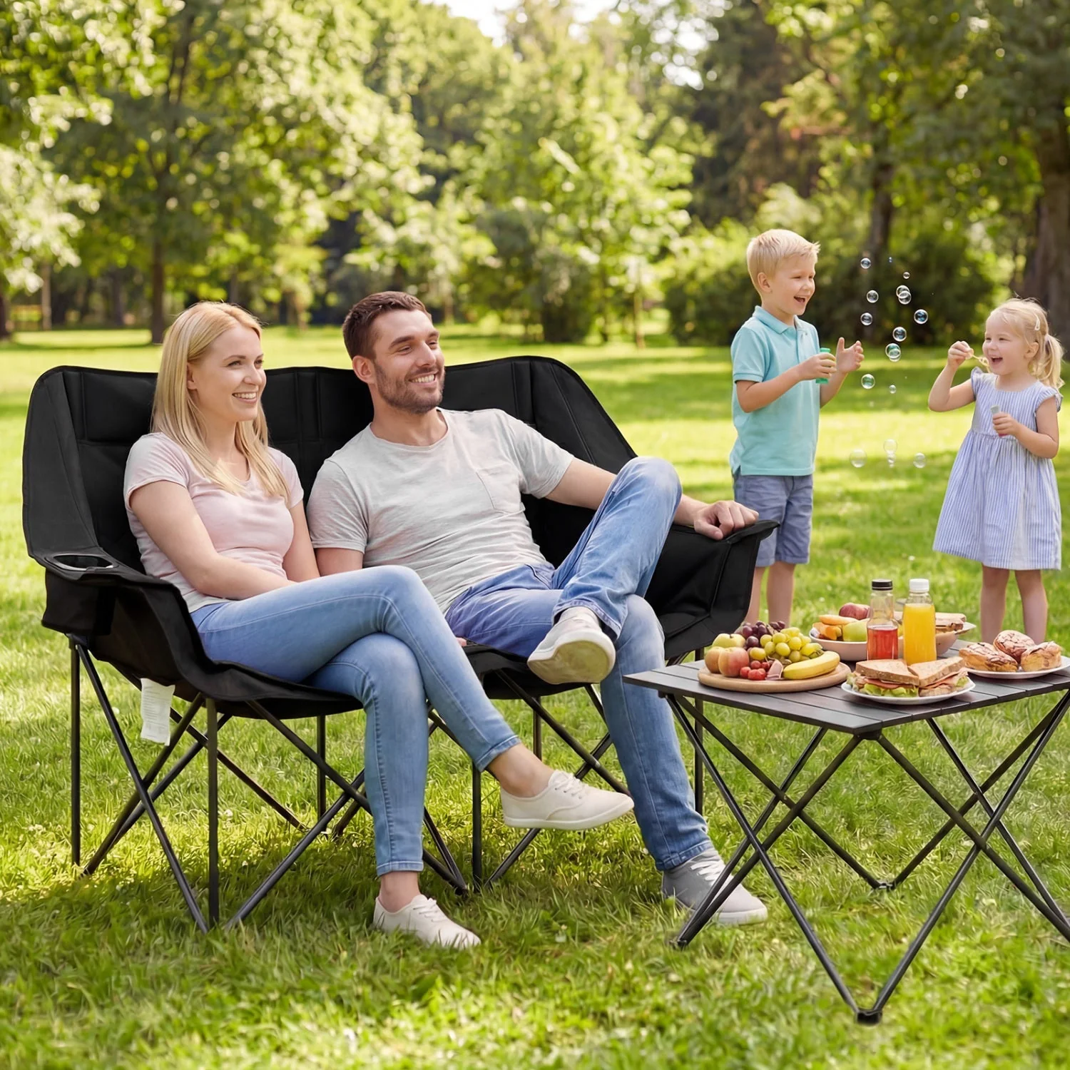 Double Camping Chair with Cup Holders Glass Racks and Mesh Pockets - Image 5