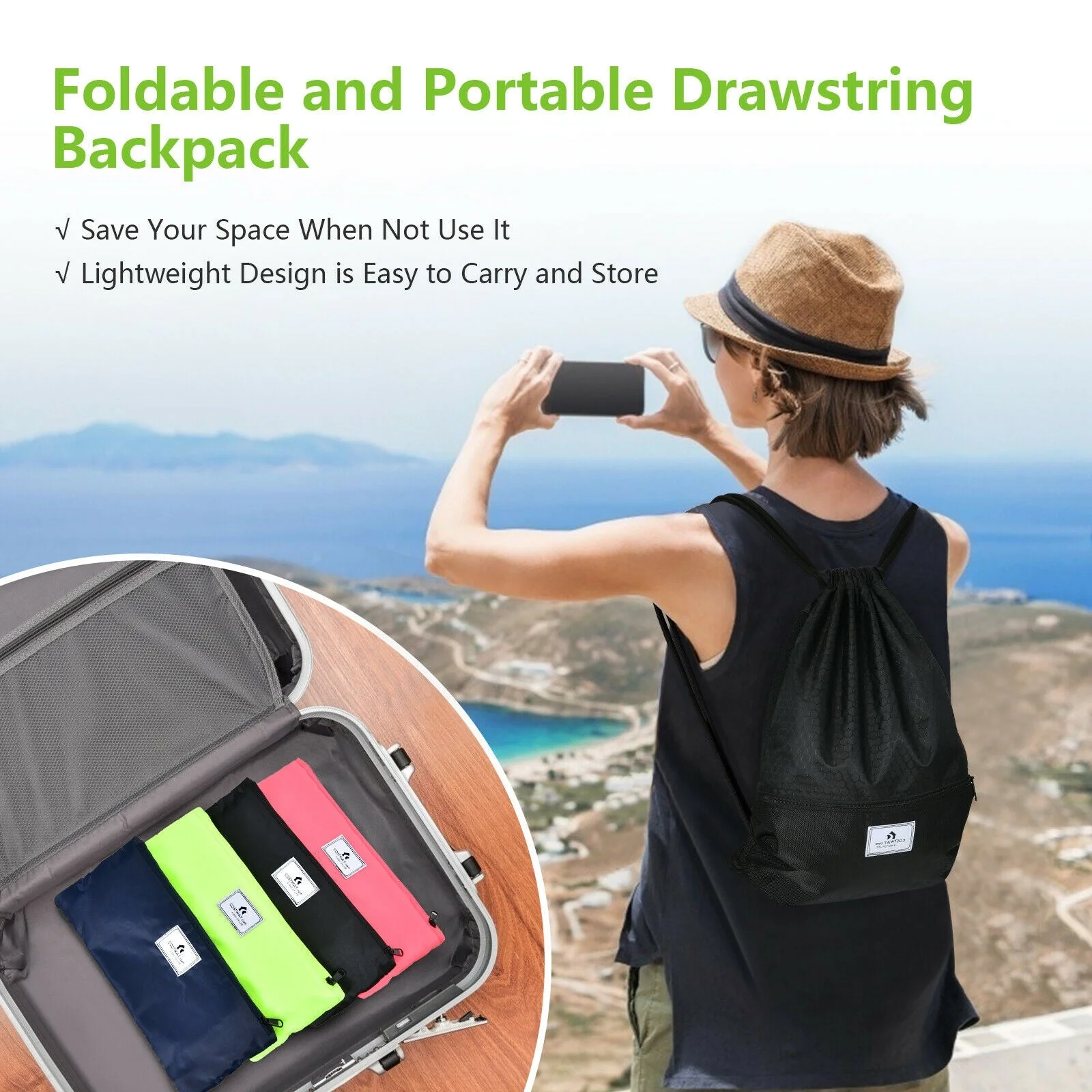 Drawstring Backpack String Bag Foldable Sports Sack with Zipper Pocket - Image 10