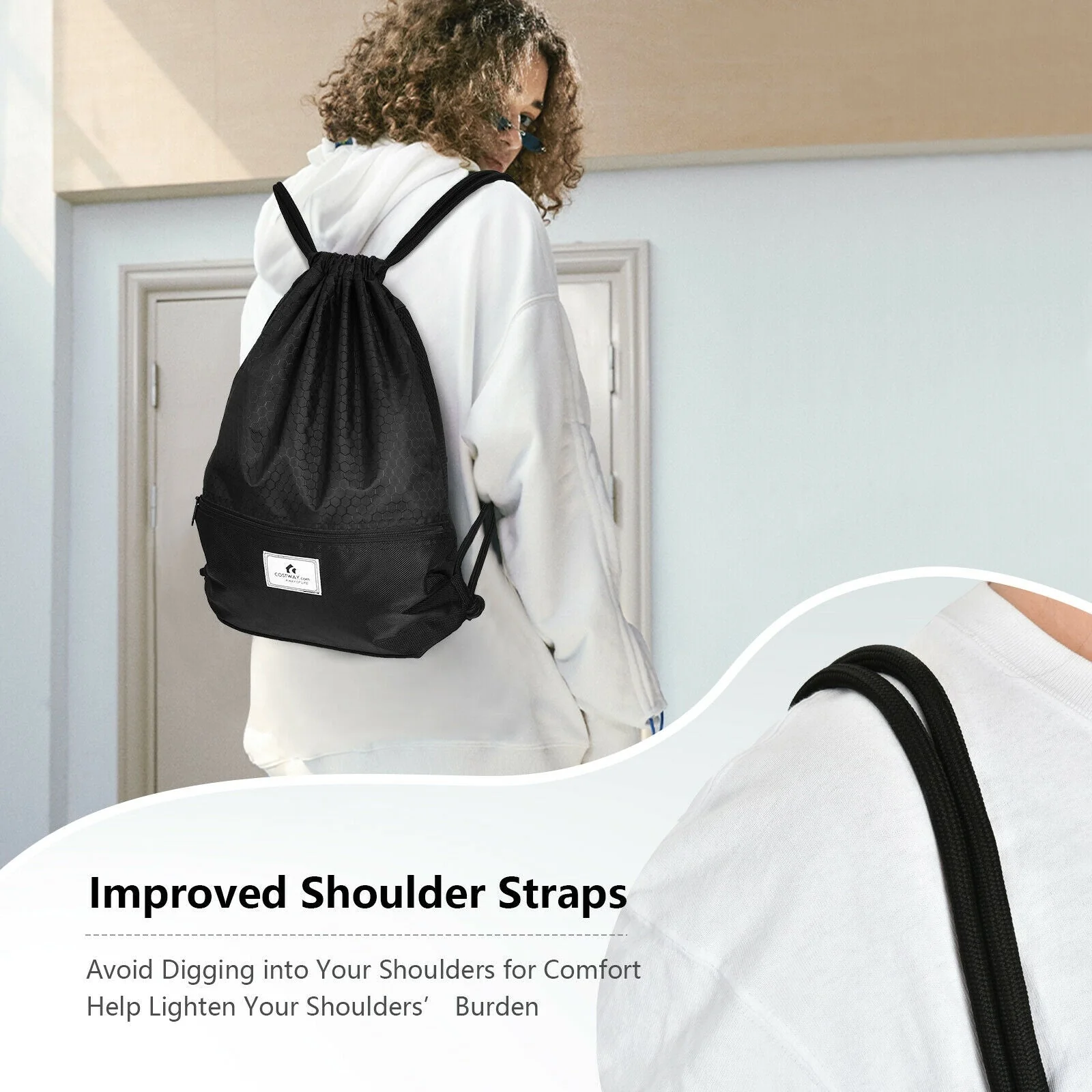 Drawstring Backpack String Bag Foldable Sports Sack with Zipper Pocket - Image 16