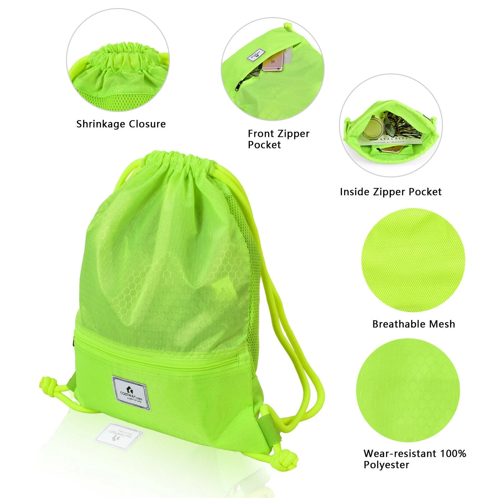 Drawstring Backpack String Bag Foldable Sports Sack with Zipper Pocket - Image 21