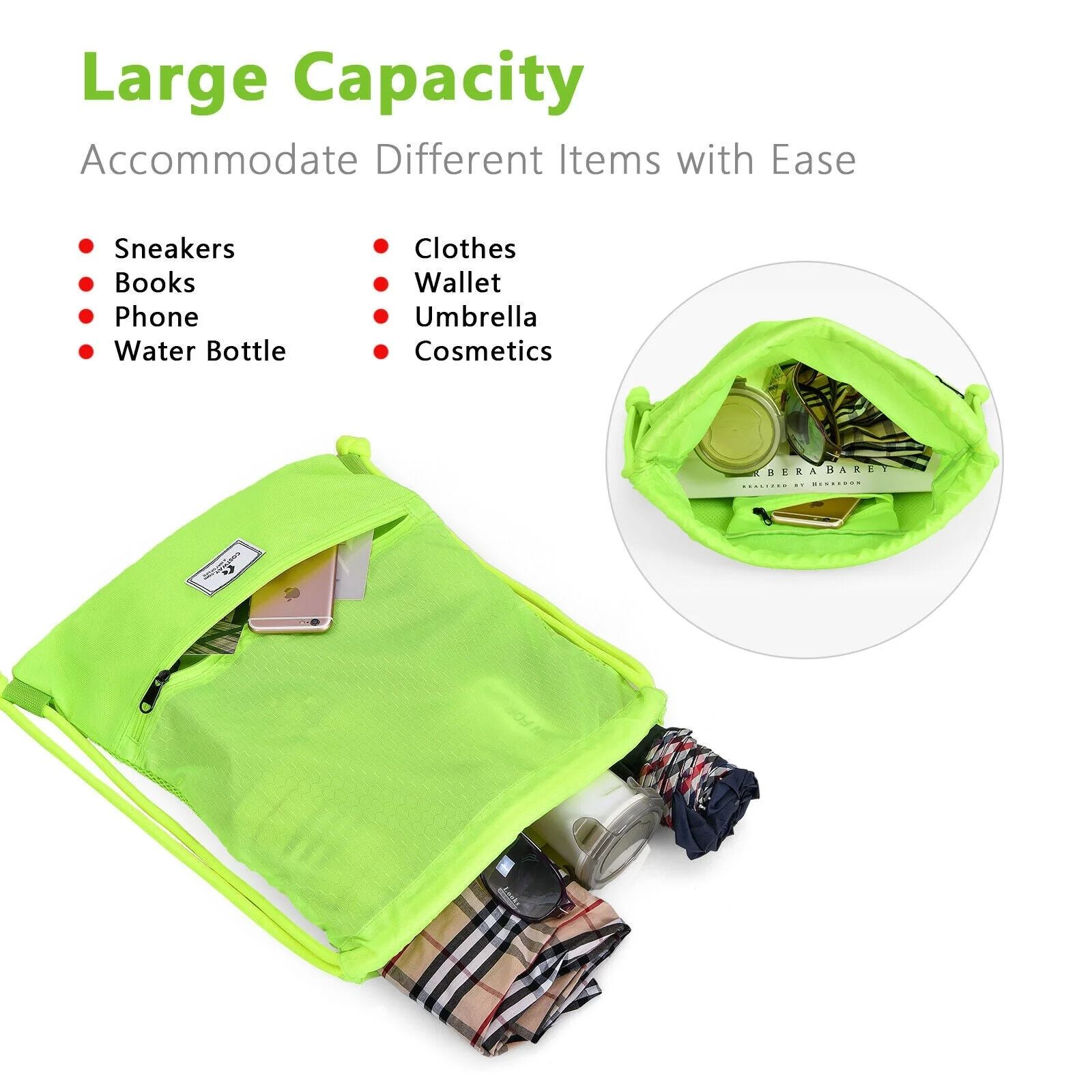 Drawstring Backpack String Bag Foldable Sports Sack with Zipper Pocket - Image 24