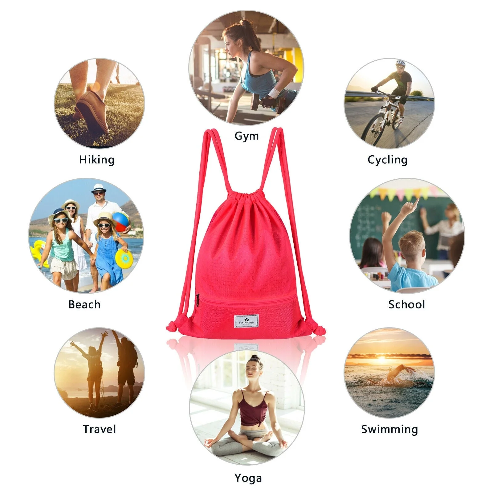 Drawstring Backpack String Bag Foldable Sports Sack with Zipper Pocket - Image 29