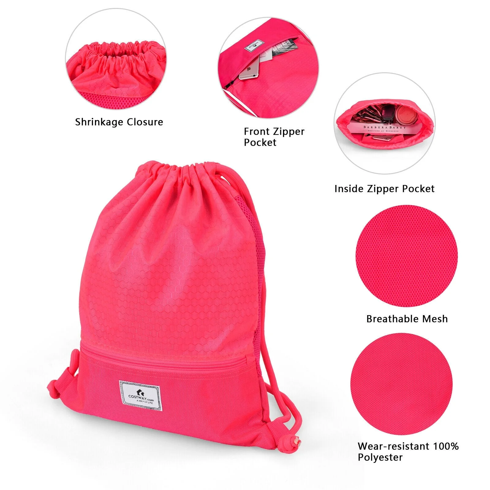 Drawstring Backpack String Bag Foldable Sports Sack with Zipper Pocket - Image 32