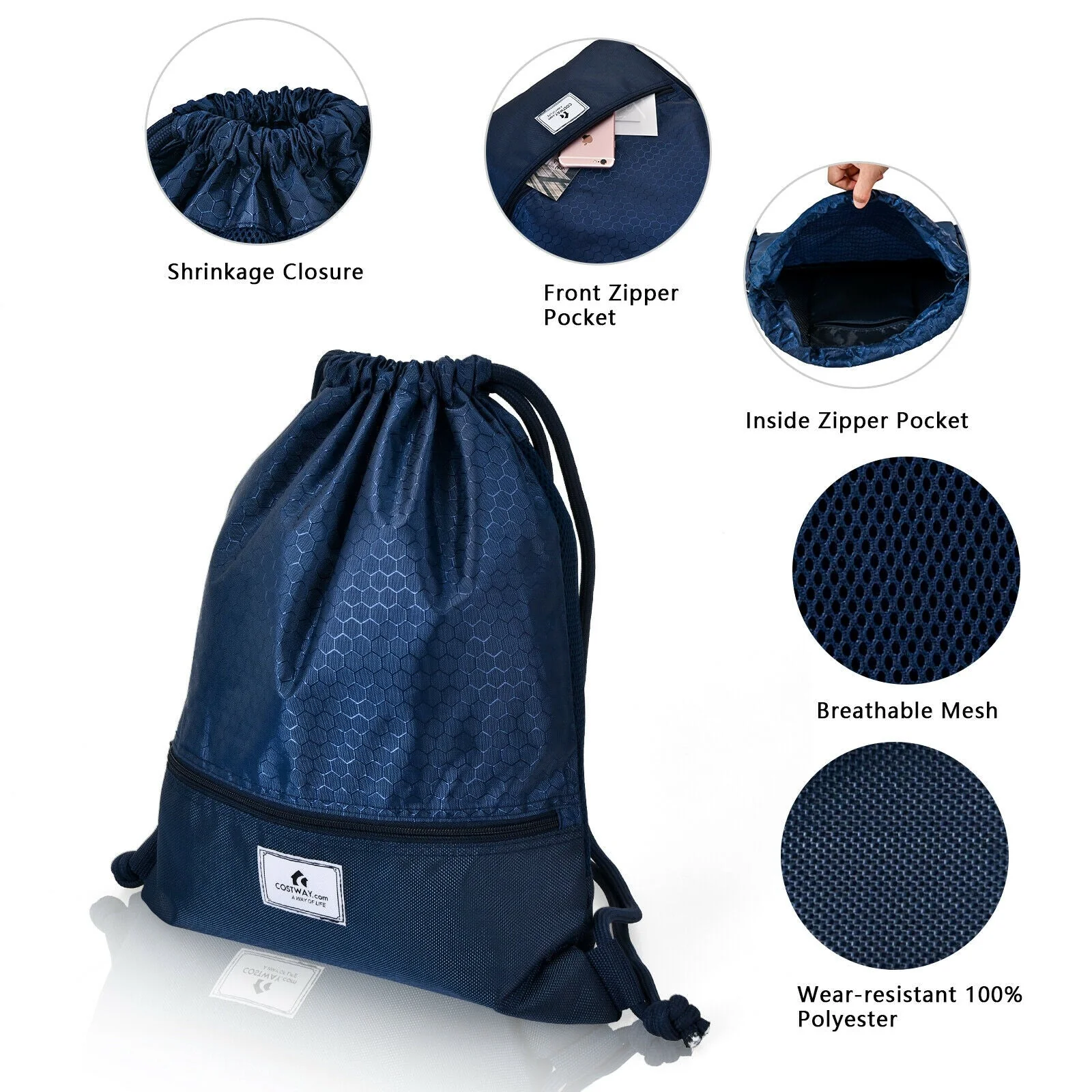Drawstring Backpack String Bag Foldable Sports Sack with Zipper Pocket - Image 8