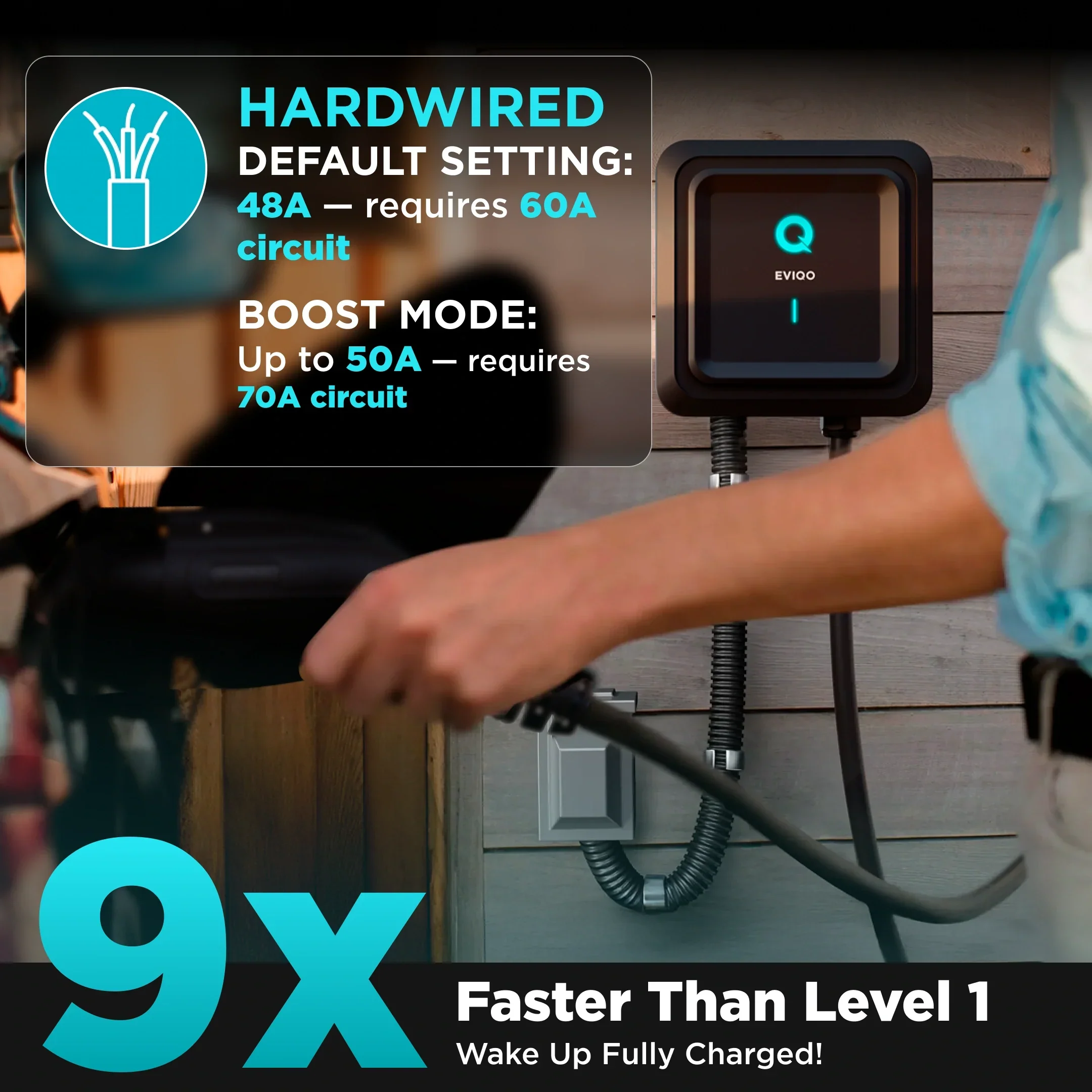 EVIQO Level 2 EV Charger, 48A (50A Max), 240V, Hardwired, J1772 for Non-Tesla EVs - Image 3