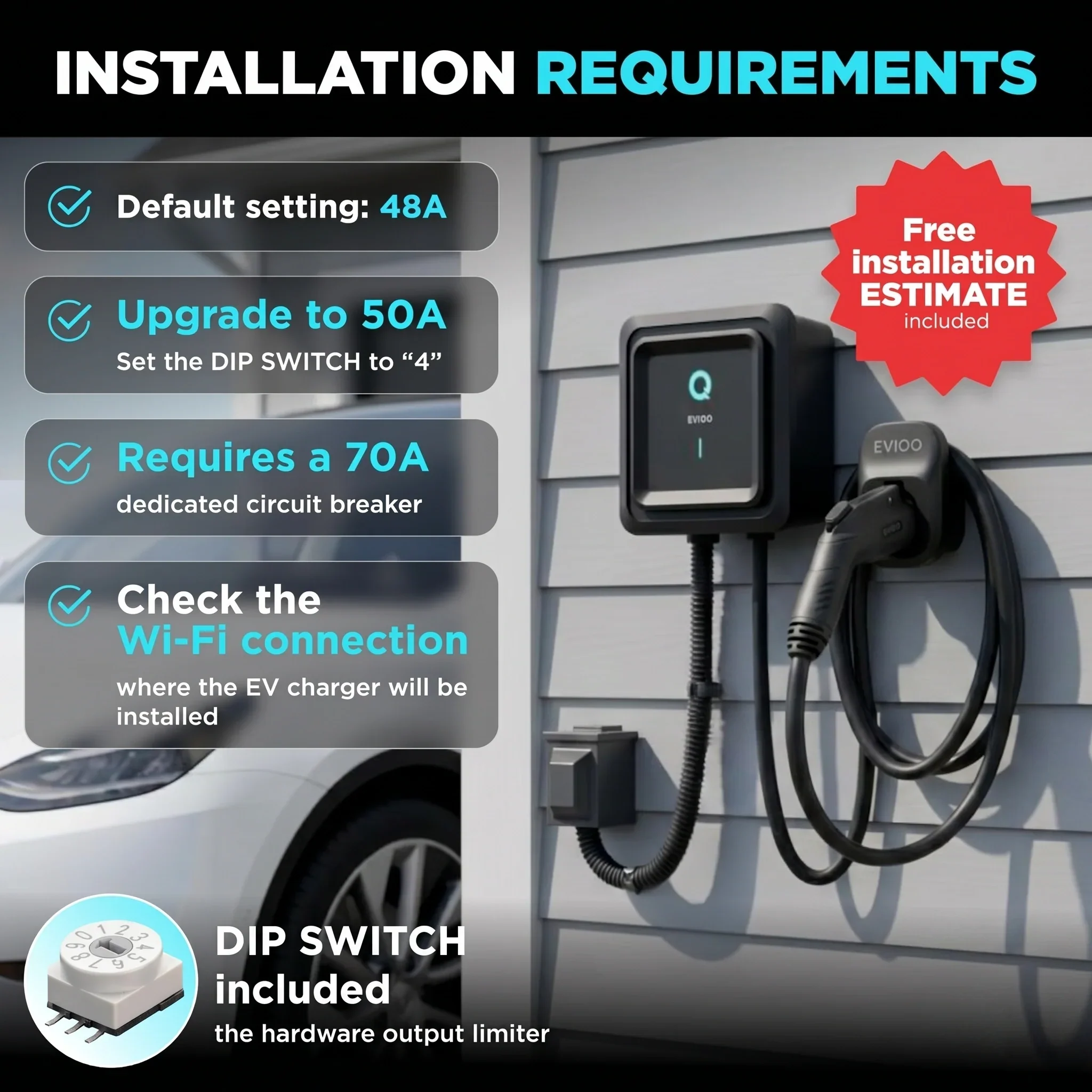 EVIQO Level 2 EV Charger, 48A (50A Max), 240V, Hardwired, J1772 for Non-Tesla EVs - Image 5