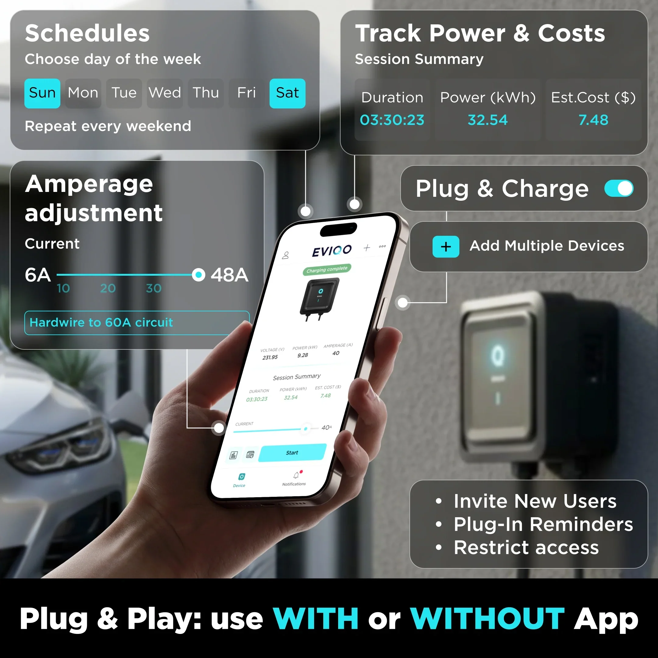 EVIQO Level 2 EV Charger, 48A (50A Max), 240V, Hardwired, J1772 for Non-Tesla EVs - Image 6