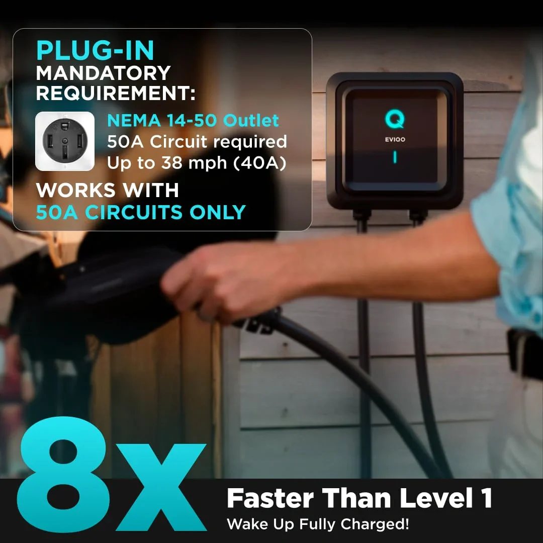 EVIQO NACS Level 2 EV Charger, 40A (9.6kW), 240V, NEMA 14-50 Plug In, for Tesla EVs - Image 3