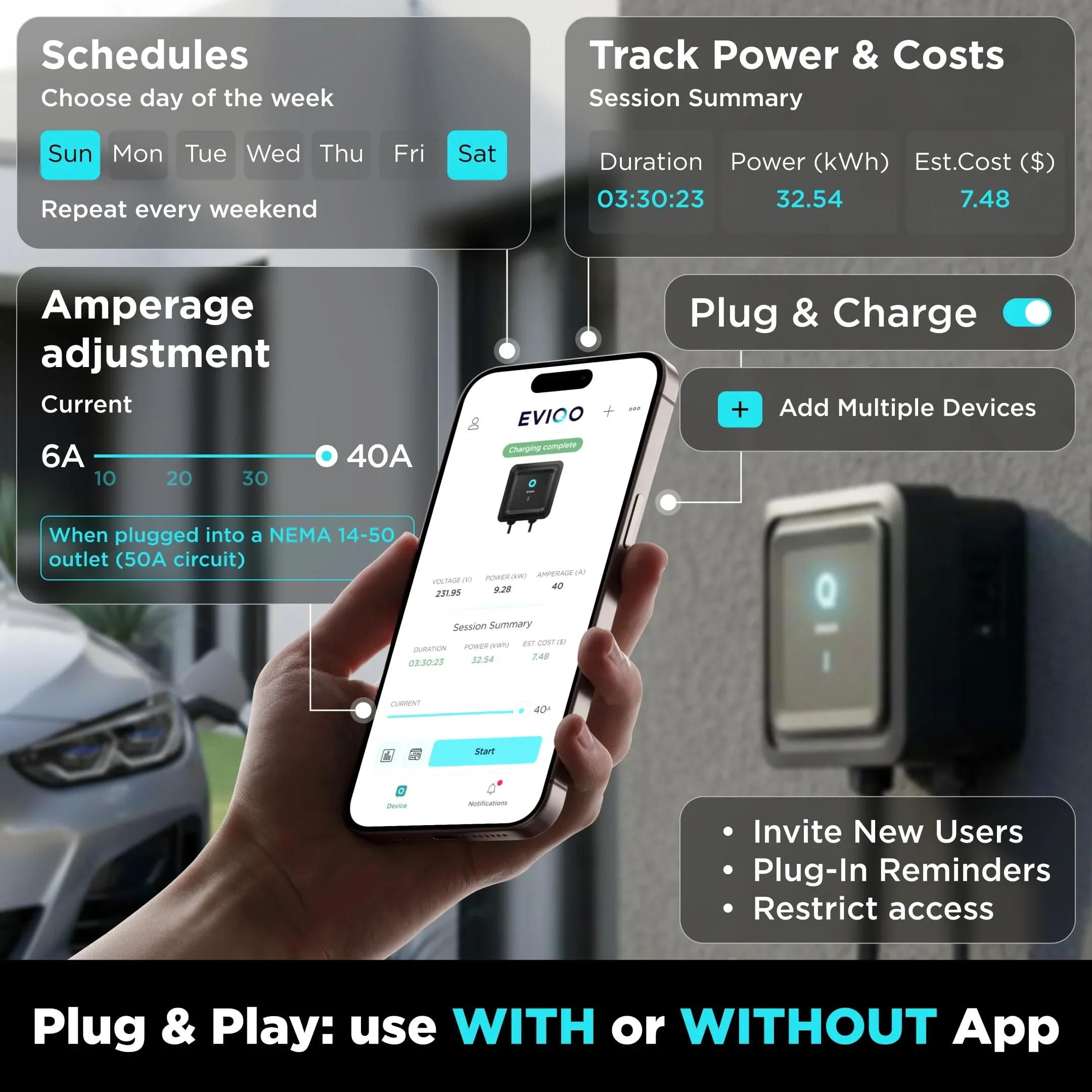 EVIQO NACS Level 2 EV Charger, 40A (9.6kW), 240V, NEMA 14-50 Plug In, for Tesla EVs - Image 5