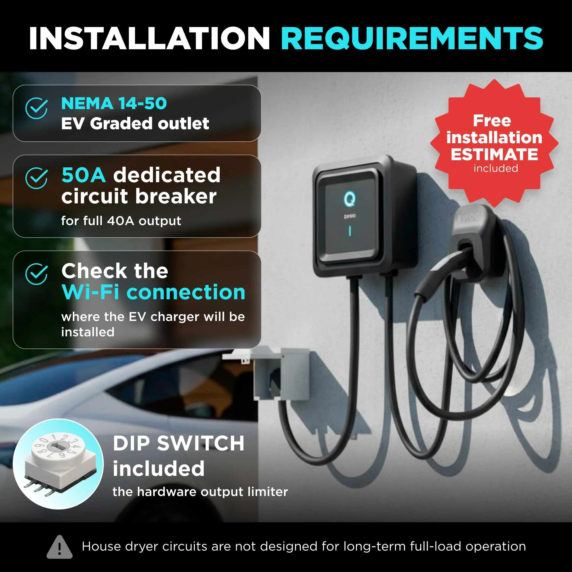 EVIQO NACS Level 2 EV Charger, 40A (9.6kW), 240V, NEMA 14-50 Plug In, for Tesla EVs - Image 6