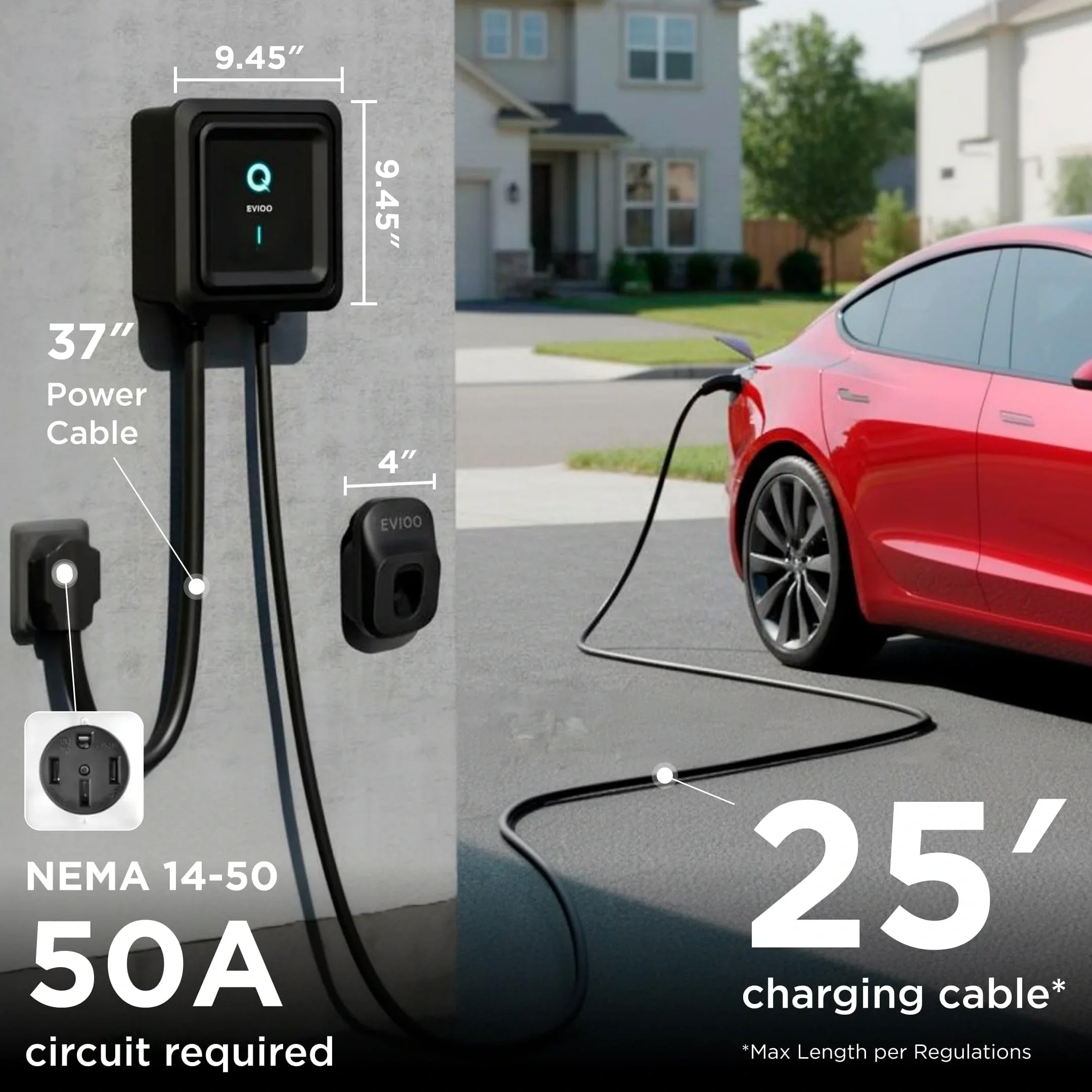 EVIQO NACS Level 2 EV Charger, 40A (9.6kW), 240V, NEMA 14-50 Plug In, for Tesla EVs - Image 7