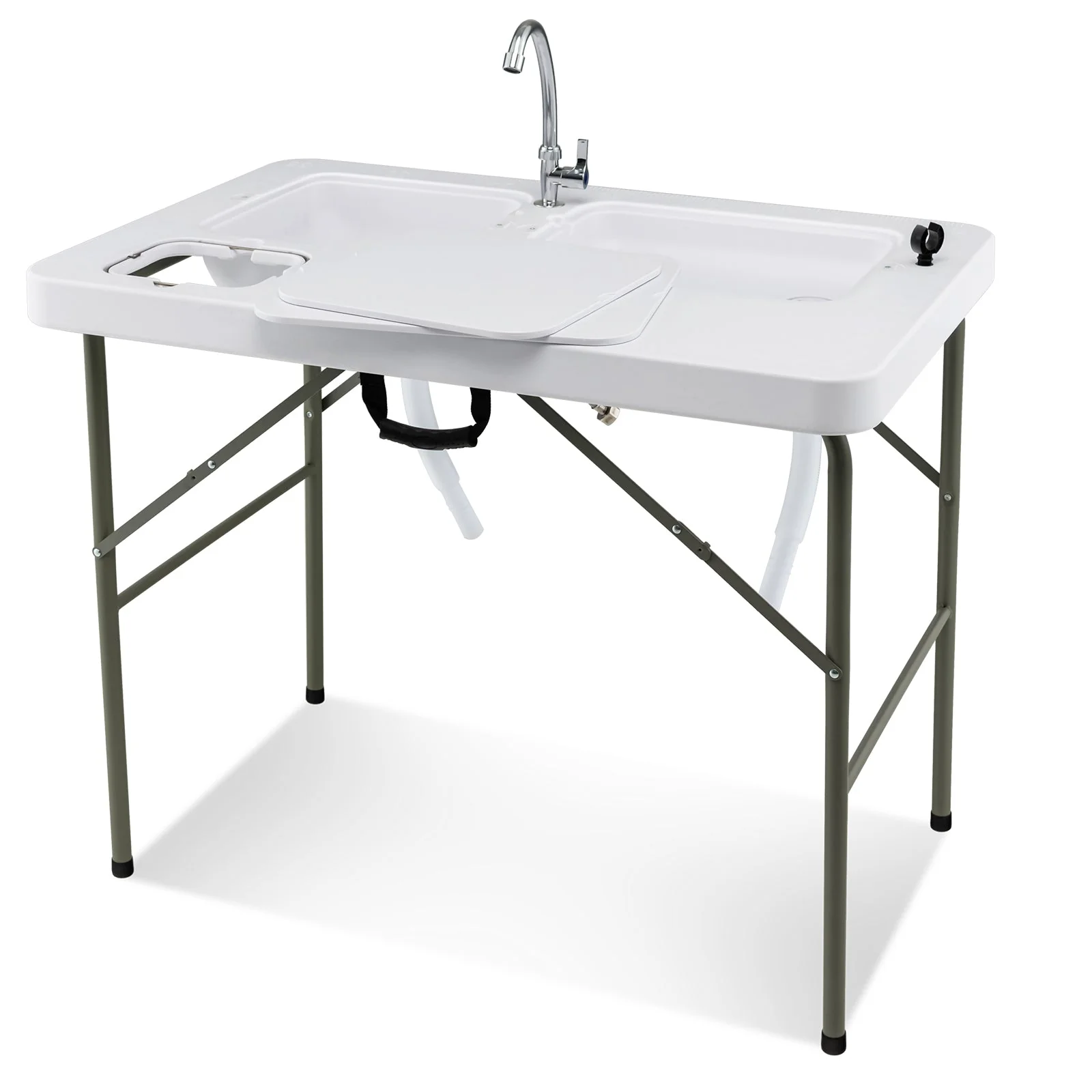 Fish Cleaning Table with 2 Sinks and 360° Rotatable Fauce-White - Image 3