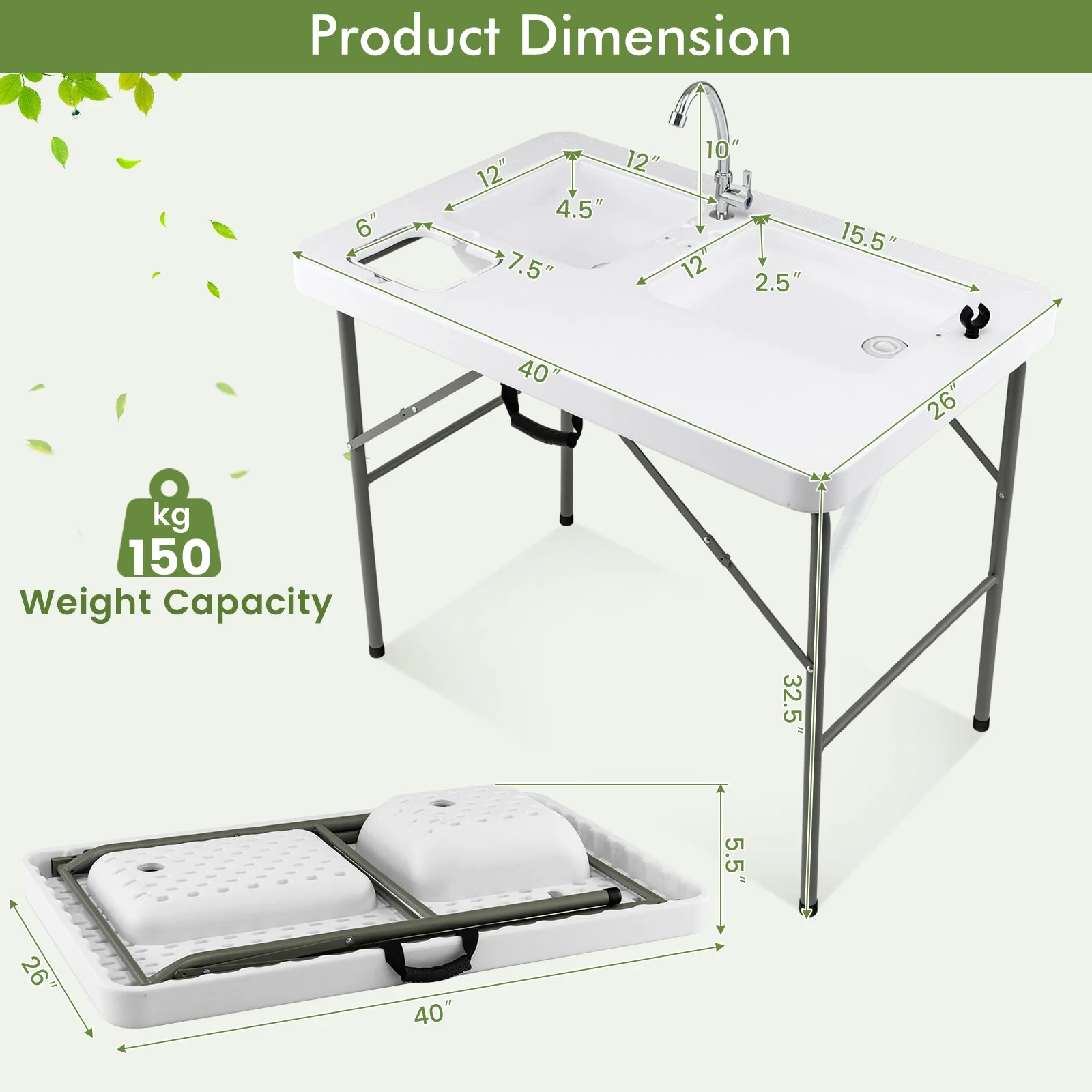 Fish Cleaning Table with 2 Sinks and 360° Rotatable Fauce-White - Image 4
