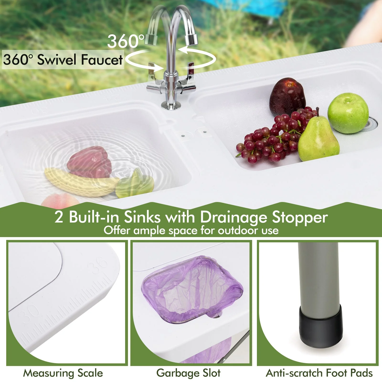 Fish Cleaning Table with 2 Sinks and 360° Rotatable Fauce-White - Image 7