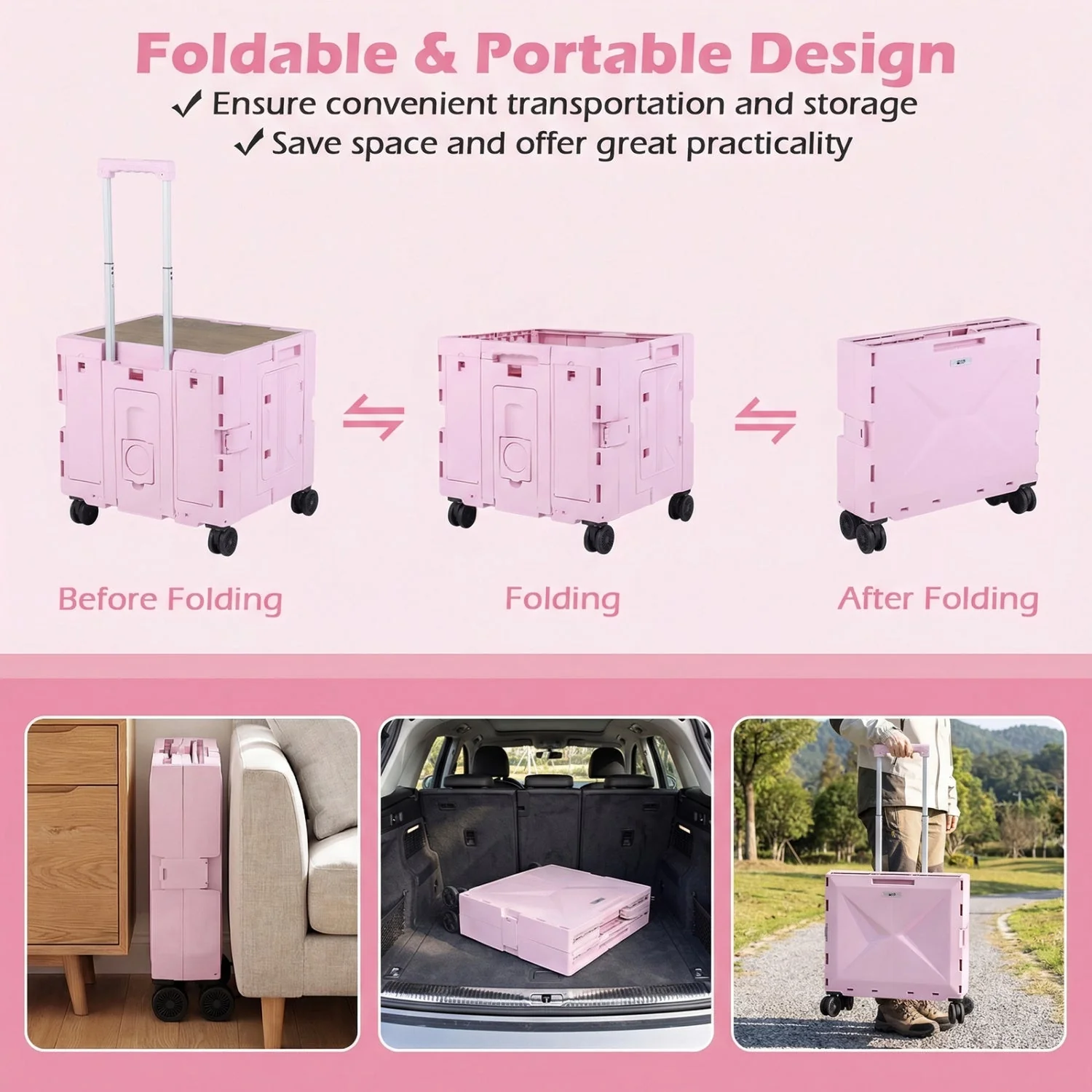 Foldable Utility Cart on 4 Rotate Wheels with Cup Holder - Image 13
