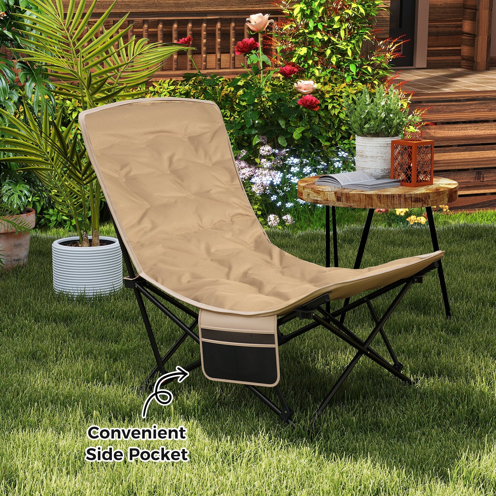 Folding Camping Chair for Adults with Adjustable Backrest and Carrying Bag-Khaki - Image 2