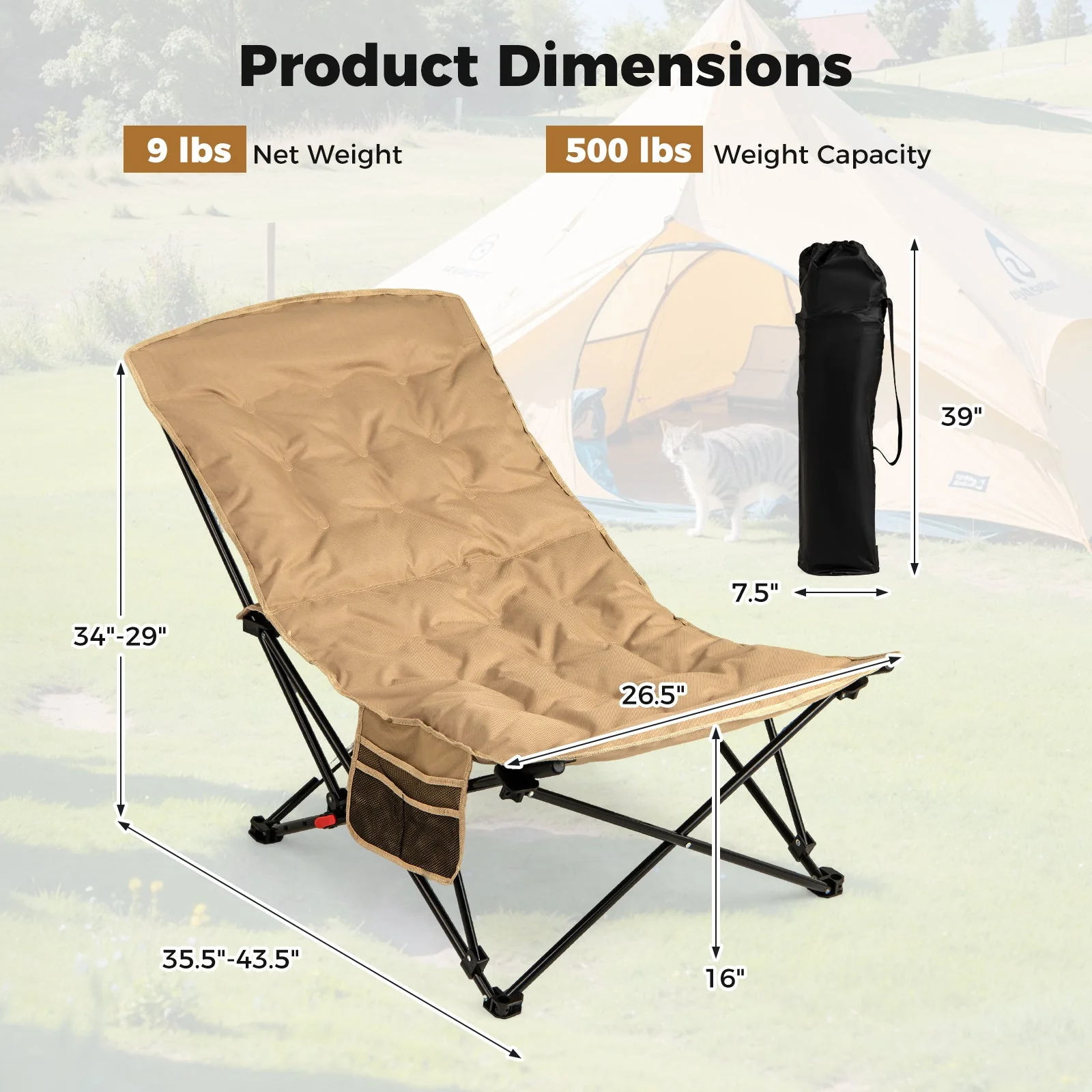Folding Camping Chair for Adults with Adjustable Backrest and Carrying Bag-Khaki - Image 3