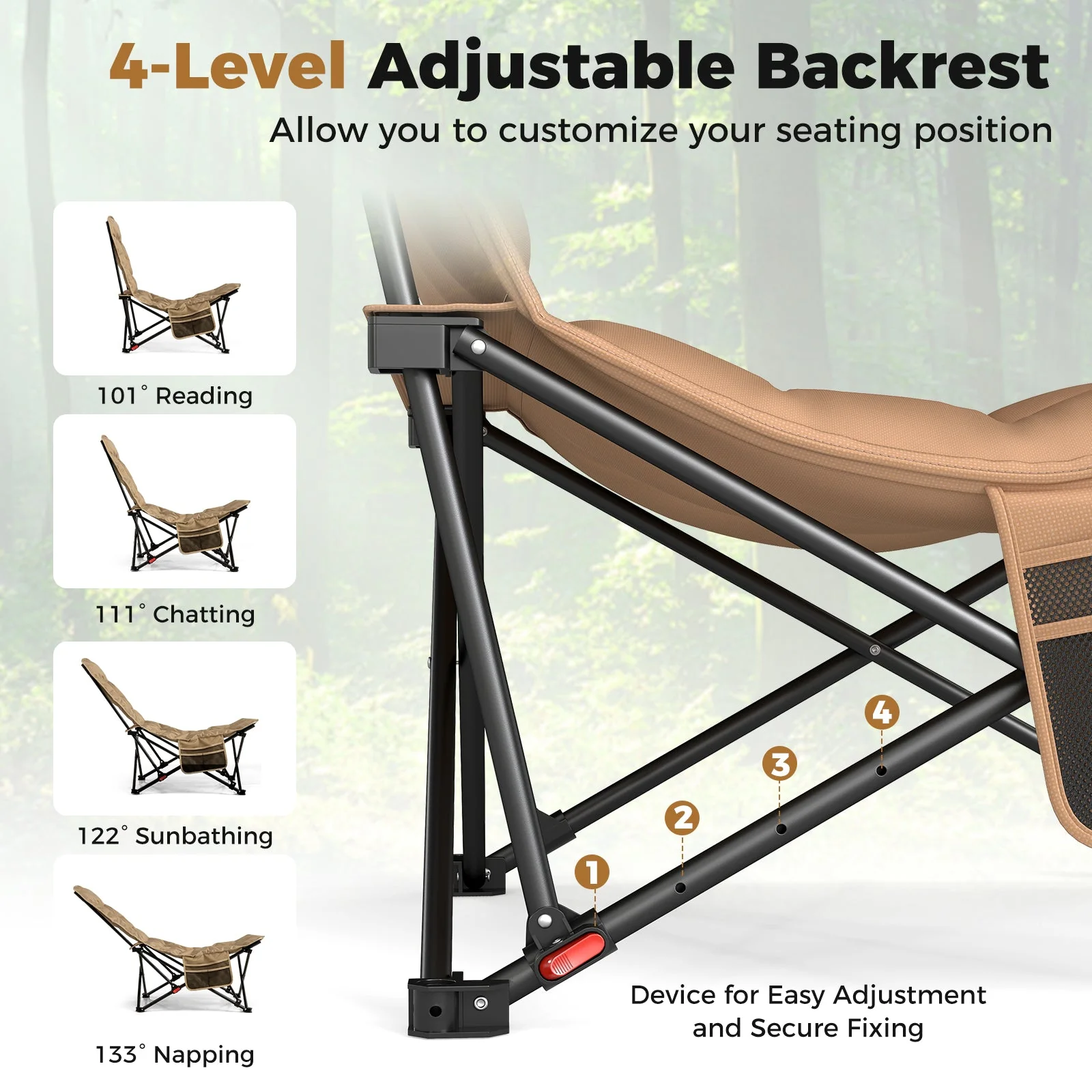 Folding Camping Chair for Adults with Adjustable Backrest and Carrying Bag-Khaki - Image 5
