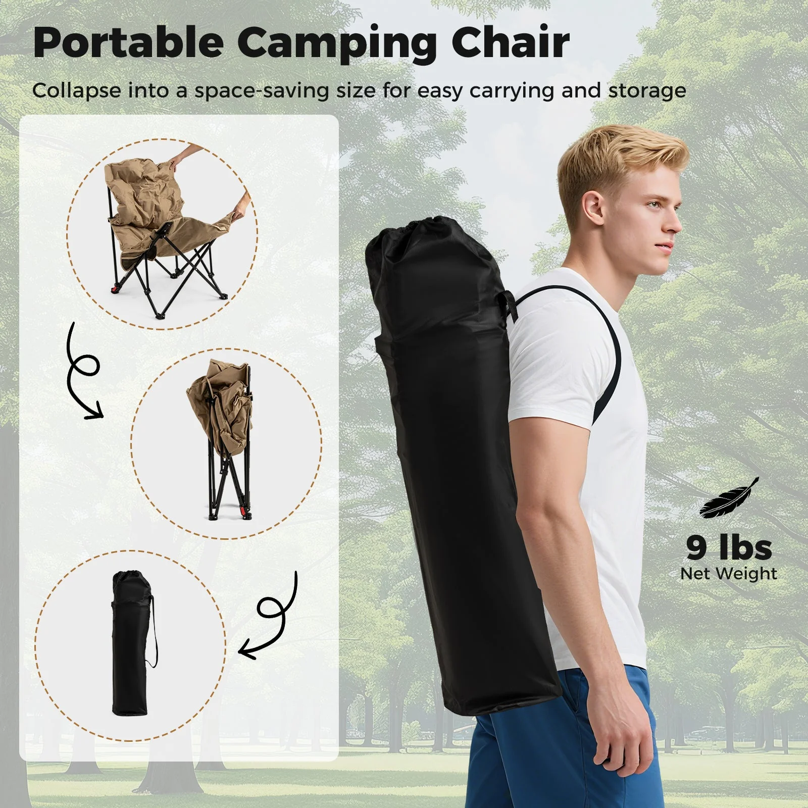 Folding Camping Chair for Adults with Adjustable Backrest and Carrying Bag-Khaki - Image 7