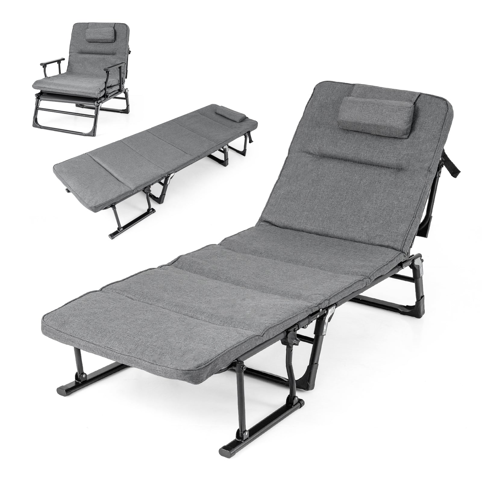 Folding Camping Cot with Mattress 3 in 1 Convertible Single Sofa Chaise Lounge Chair Sleeper-Gray - Image 3