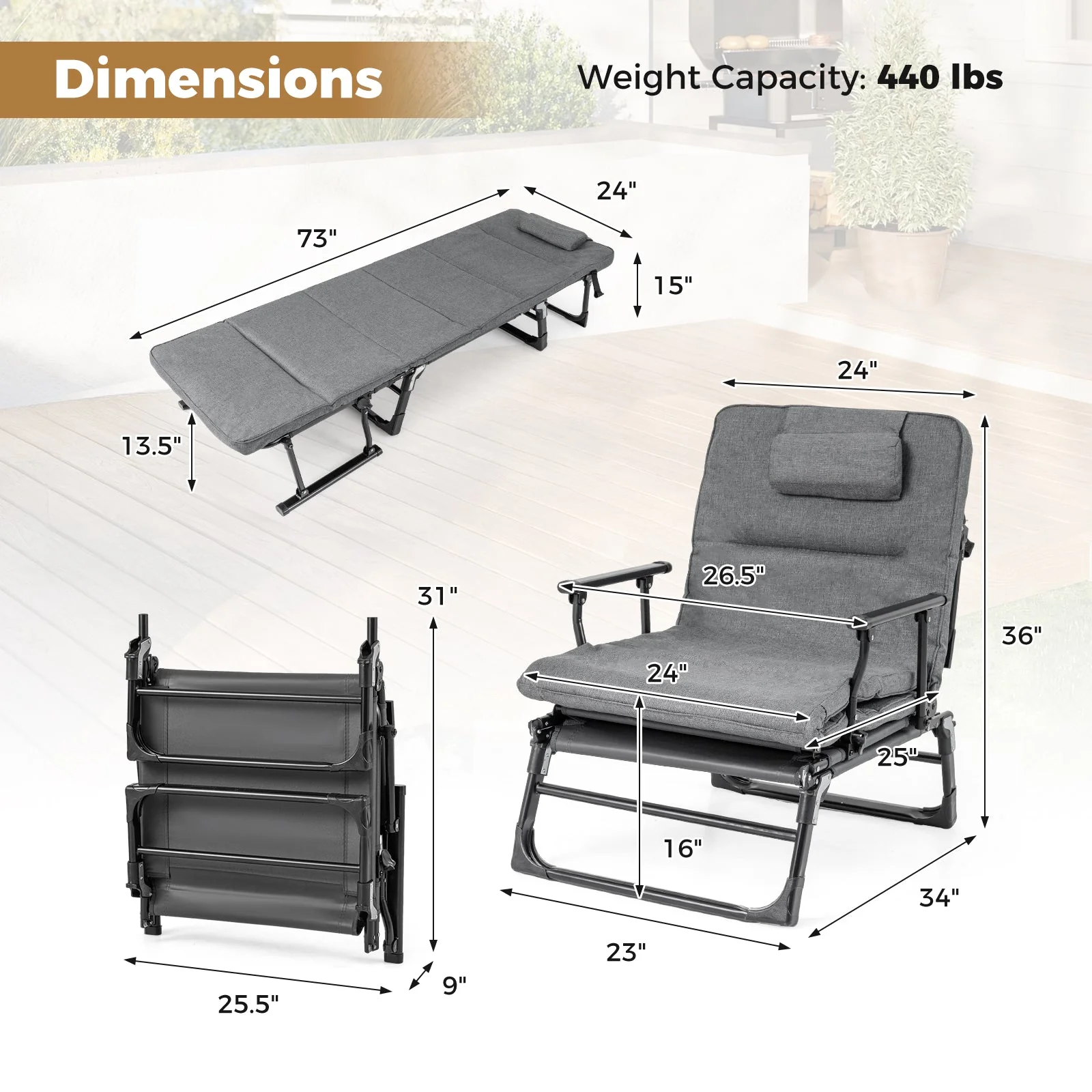 Folding Camping Cot with Mattress 3 in 1 Convertible Single Sofa Chaise Lounge Chair Sleeper-Gray - Image 5