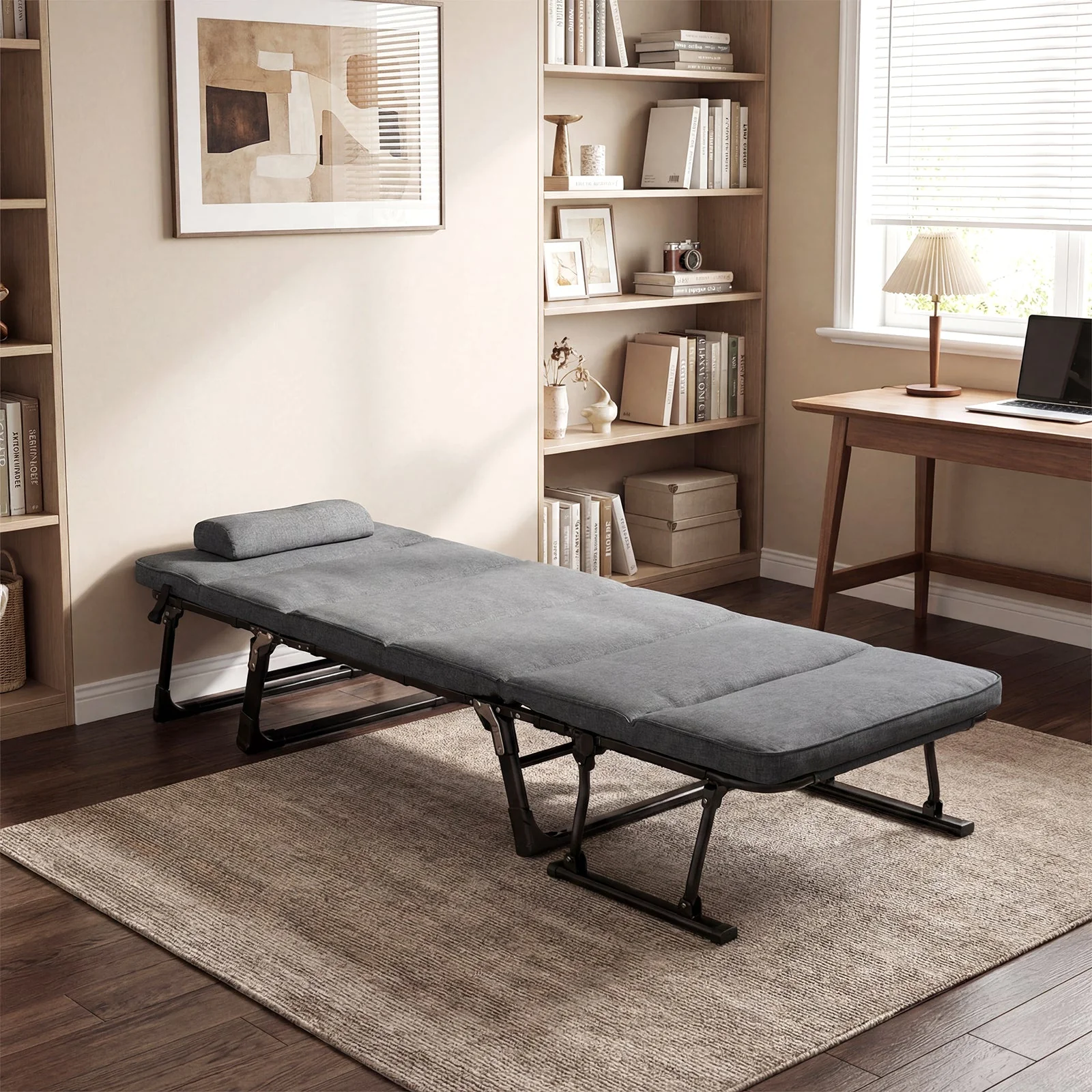 Folding Camping Cot with Mattress 3 in 1 Convertible Single Sofa Chaise Lounge Chair Sleeper-Gray - Image 6
