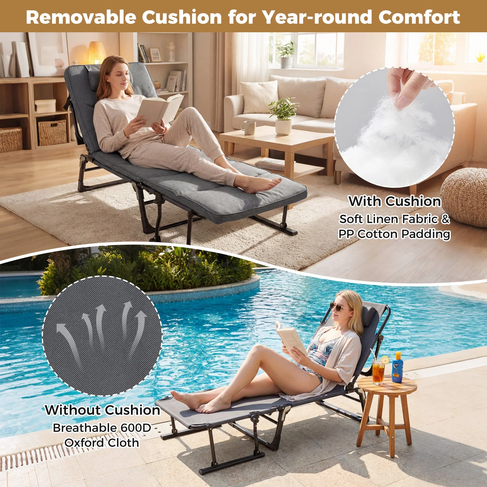 Folding Camping Cot with Mattress 3 in 1 Convertible Single Sofa Chaise Lounge Chair Sleeper-Gray - Image 7