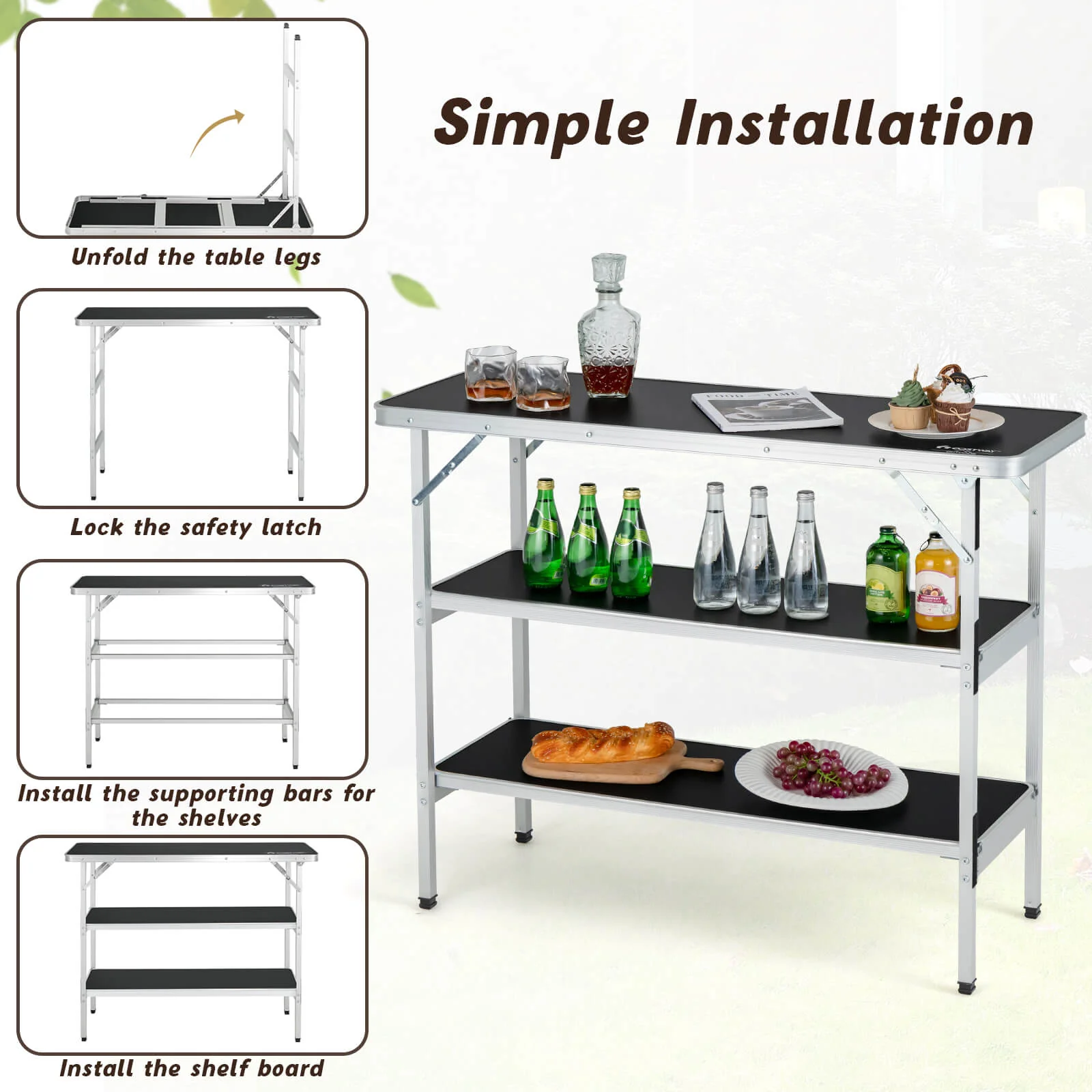 Folding Camping Table with 2-Tier Open Shelves for Outdoor BBQ - Image 15