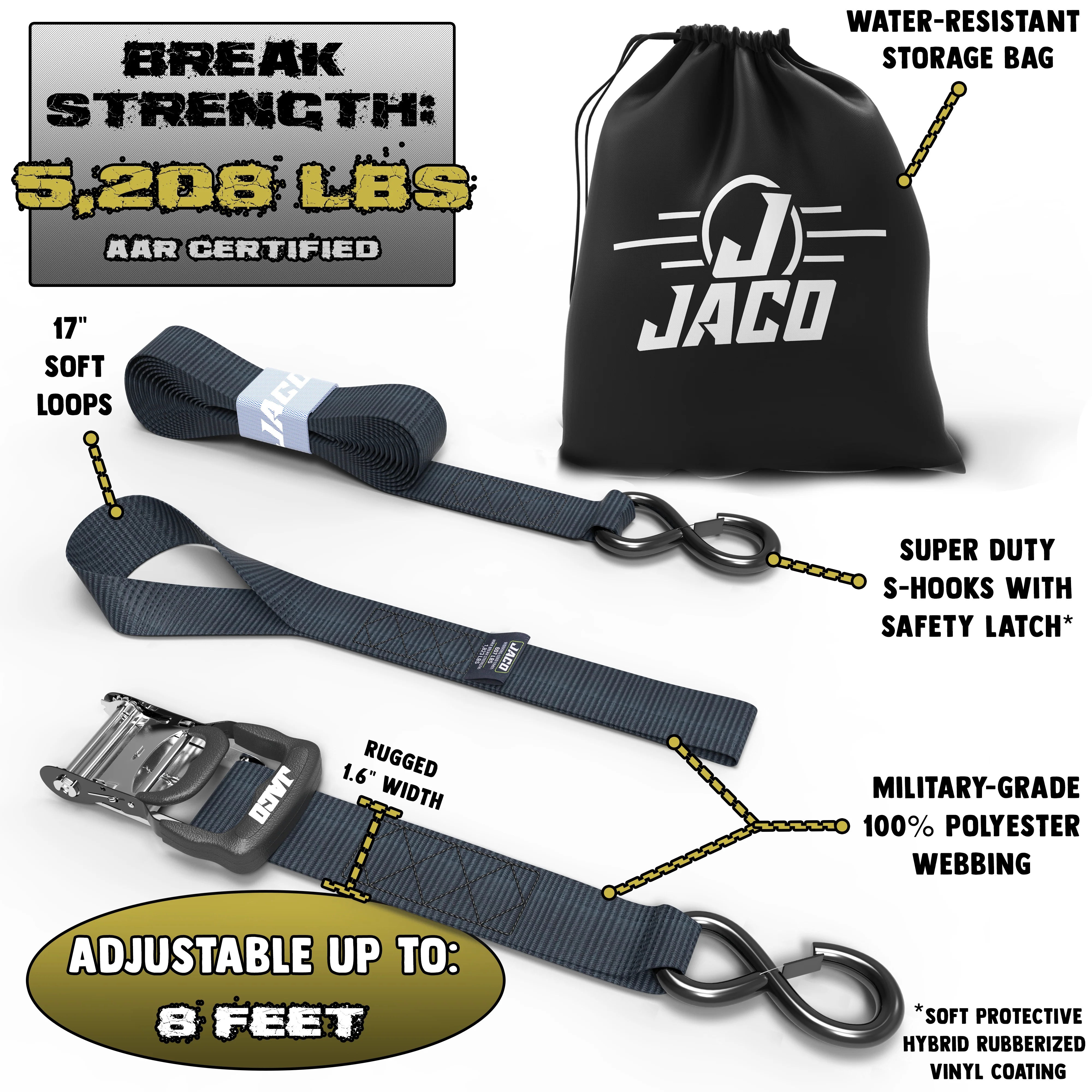 Heavy Duty Ratchet Tie Down Straps with Soft Loops (1.6" x 8 ft) | AAR Certified Break Strength (5,208 lbs) - Image 2