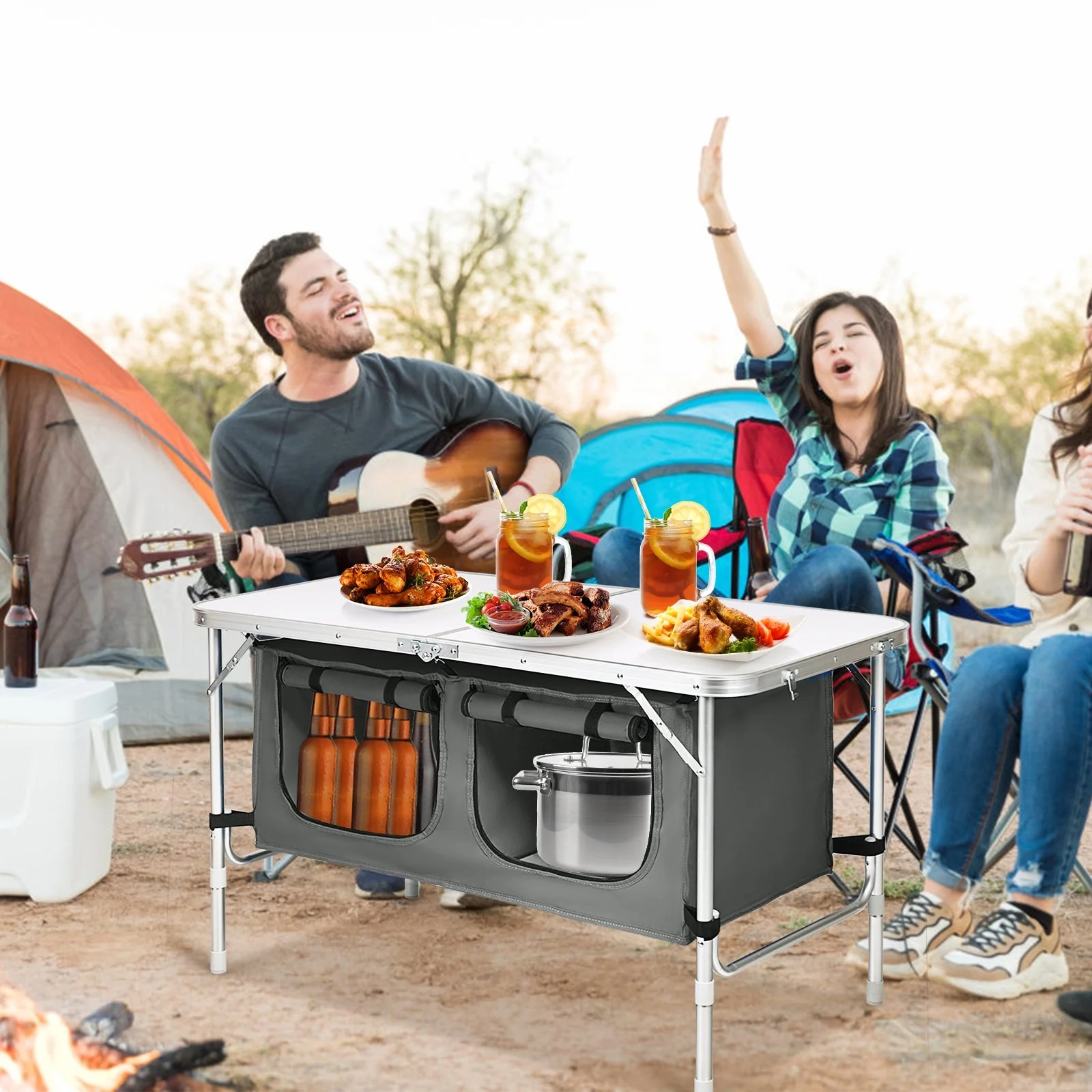 Height Adjustable Folding Camping Table-Gray - Image 2