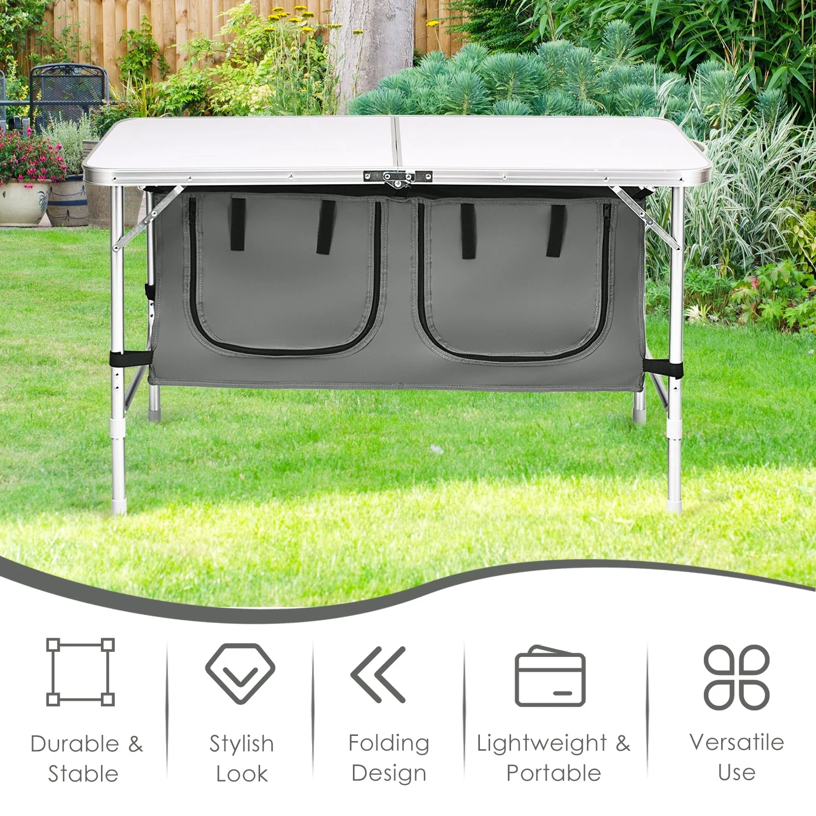 Height Adjustable Folding Camping Table-Gray - Image 7