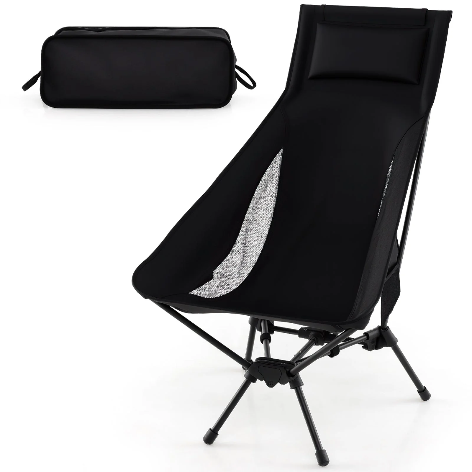 High Back Portable Camping Chair with Compact Carry Bag and Pillow-Black - Image 2