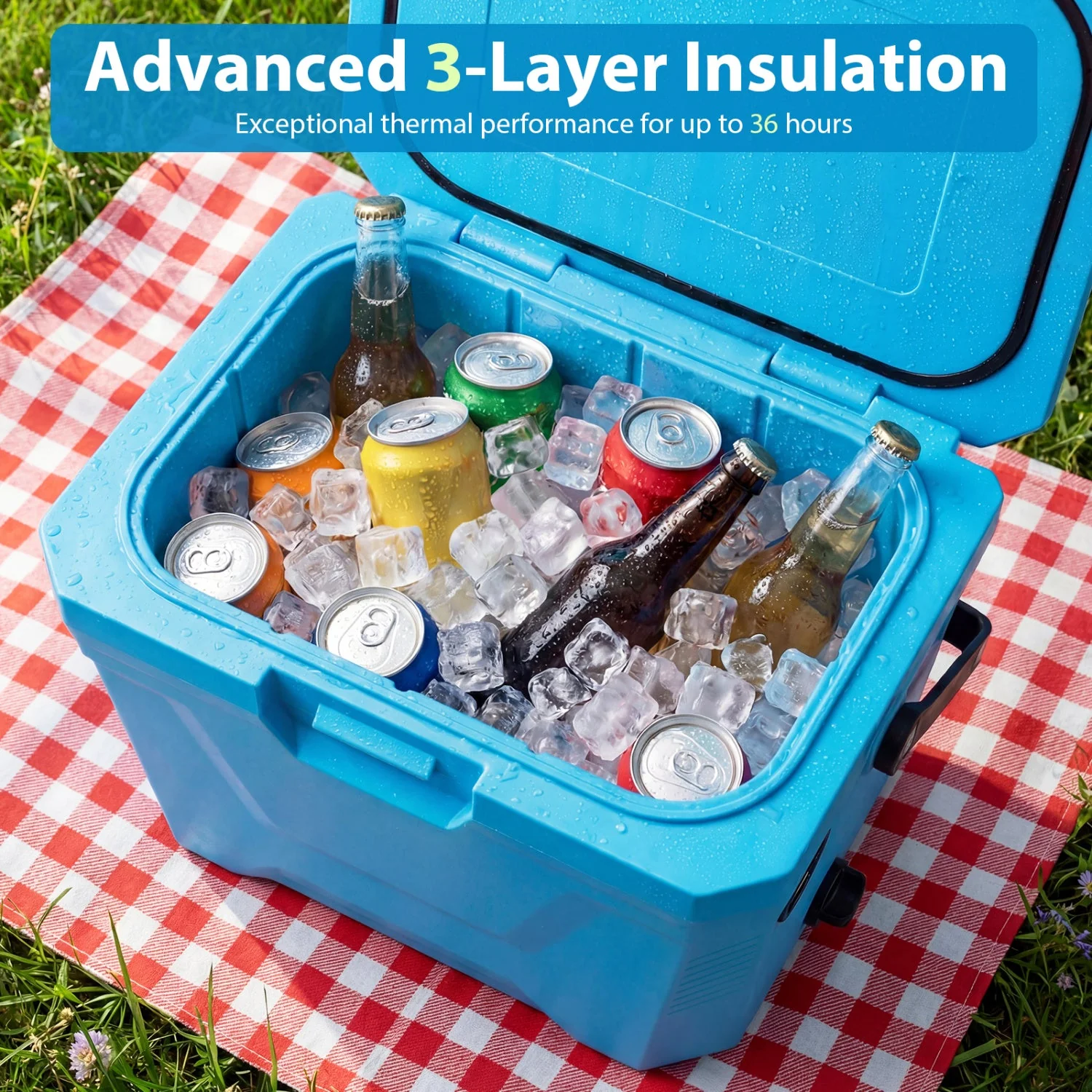 Insulated Portable Cooler Hard Shell Ice Chest with 2 Cup Holders - Image 6