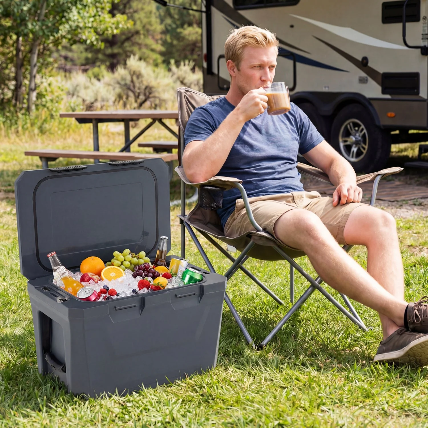 Insulated Portable Cooler Hard Shell Ice Chest with 2 Cup Holders Bottle Opener and Drain Plug - Image 10