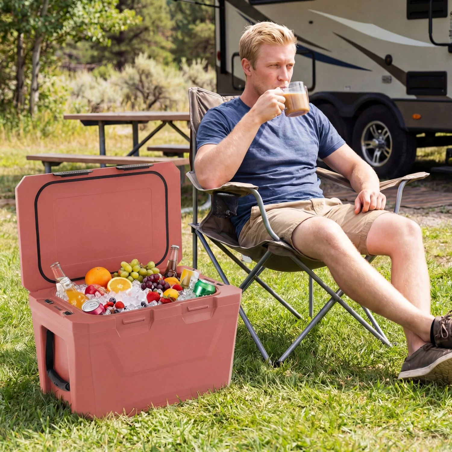 Insulated Portable Cooler Hard Shell Ice Chest with 2 Cup Holders Bottle Opener and Drain Plug - Image 18