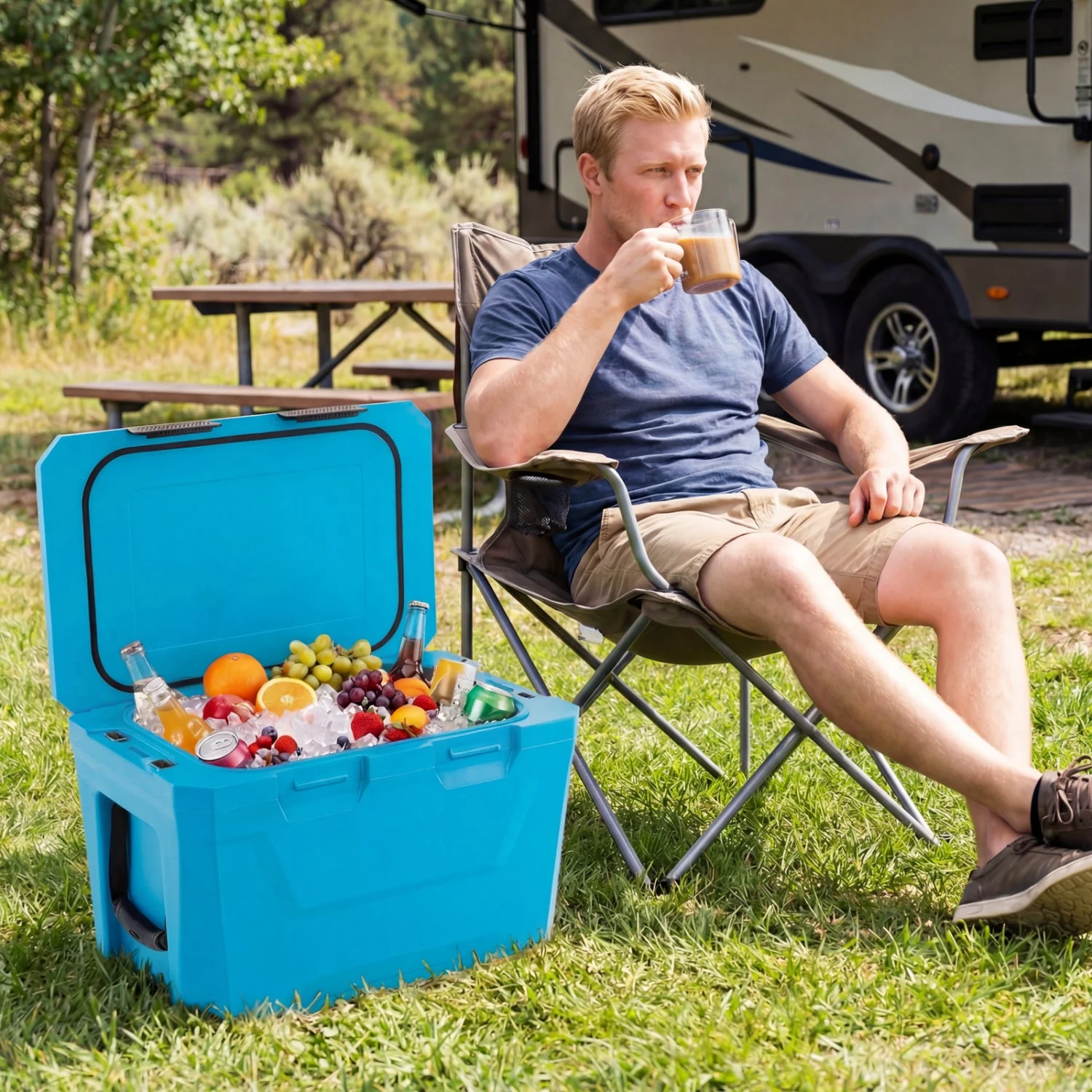 Insulated Portable Cooler Hard Shell Ice Chest with 2 Cup Holders Bottle Opener and Drain Plug - Image 2