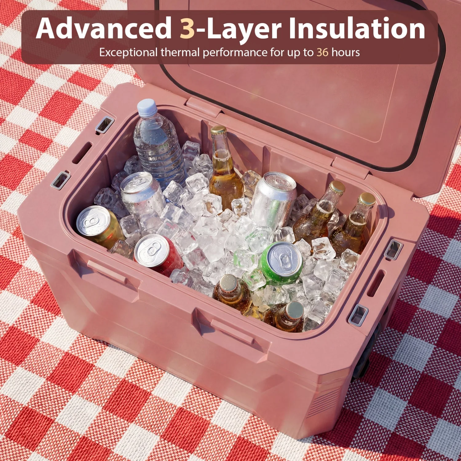Insulated Portable Cooler Hard Shell Ice Chest with 2 Cup Holders Bottle Opener and Drain Plug - Image 22